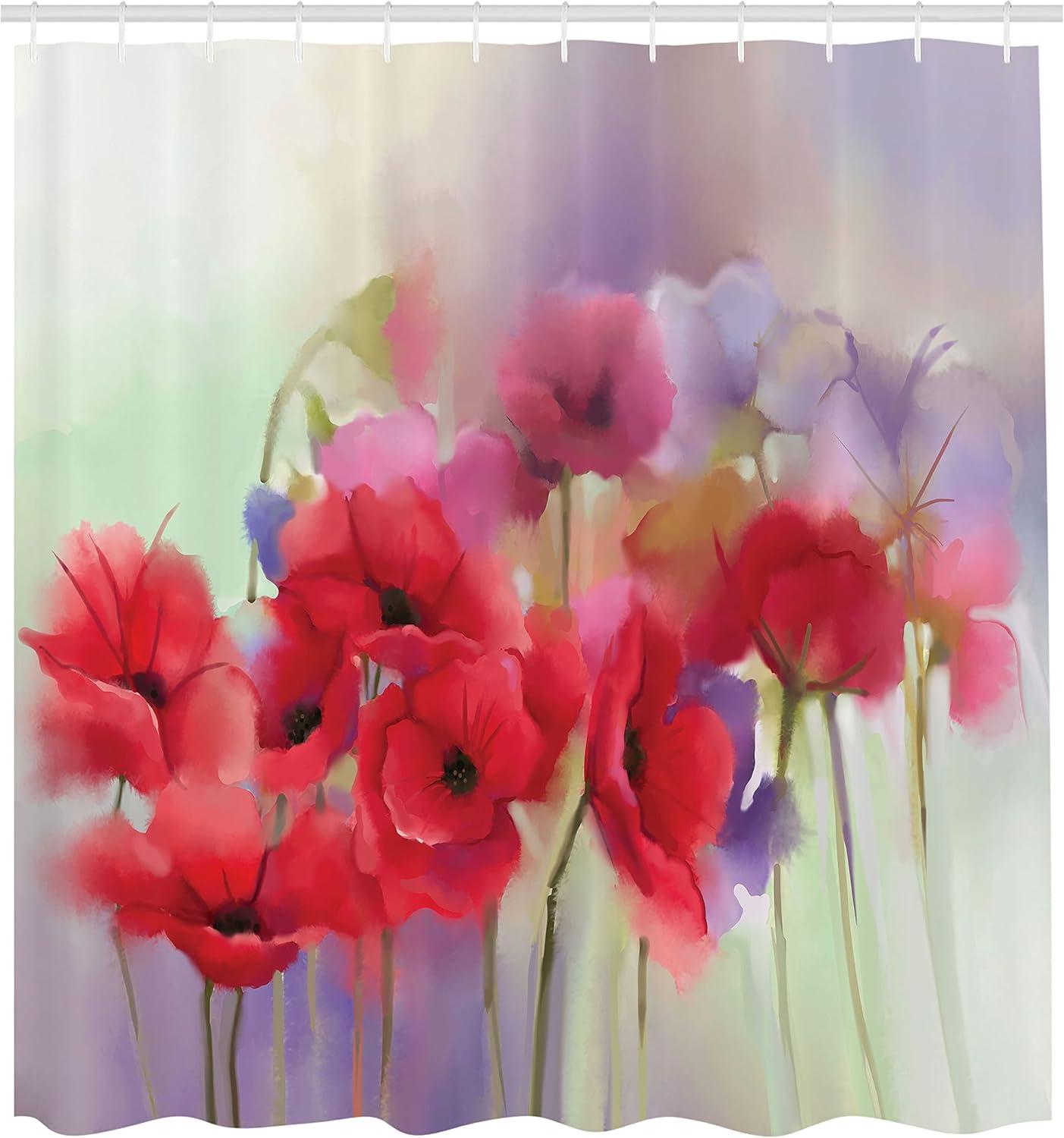 imageAmbesonne Flower Shower Curtain Poppy Flowers Blur Spring Floral Seasonal Romantic Illustration Print Cloth Fabric Bathroom Decor Set with Hooks 69 W x 84 L Lavender and Red