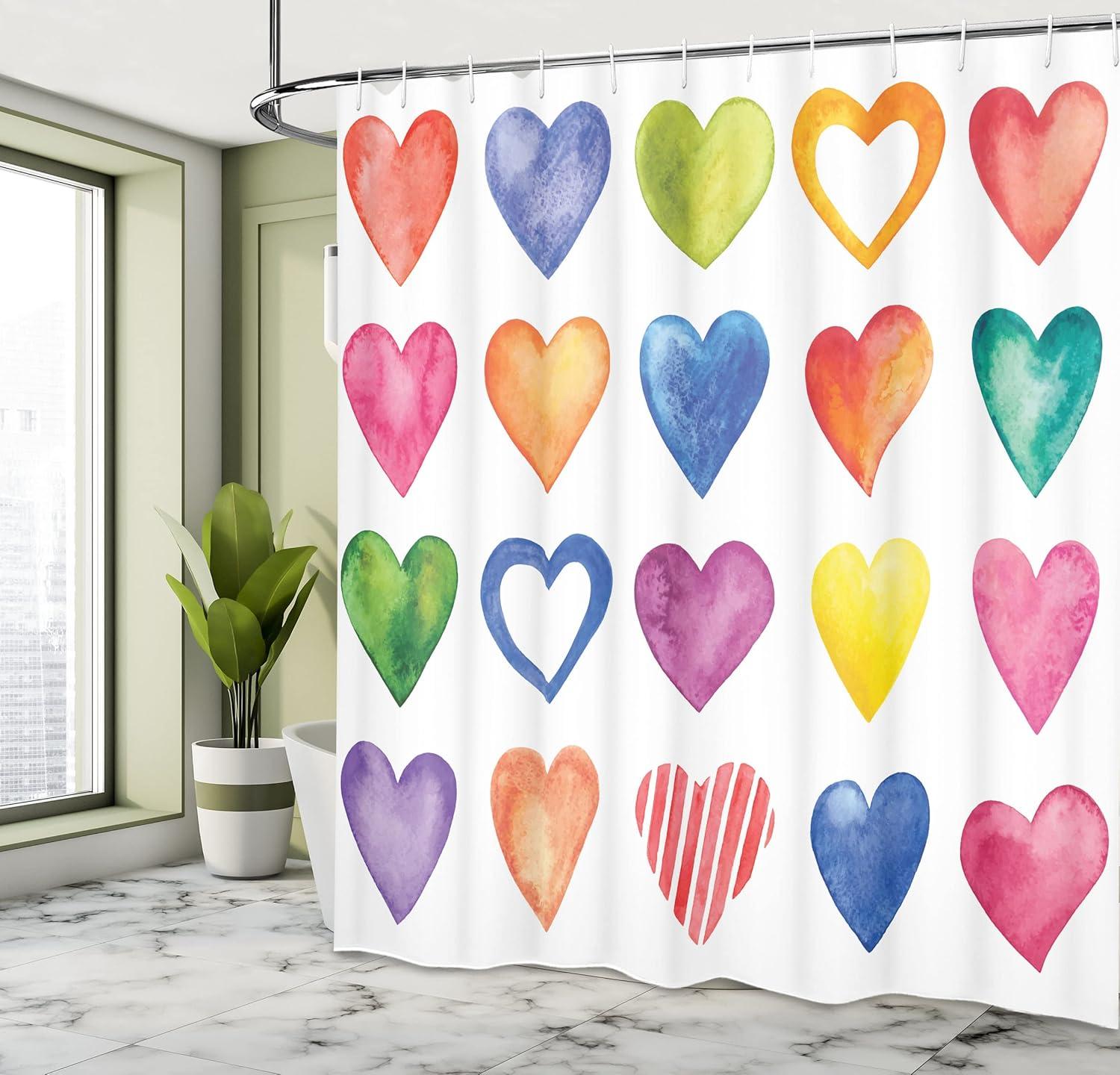 imageAmbesonne Grunge Shower Curtain Rainbow Color Heart Shapes Valentines Day Design Romantic His and Hers Theme Cloth Fabric Bathroom Decor Set with Hooks 69 W x 70 L Red Blue Yellow