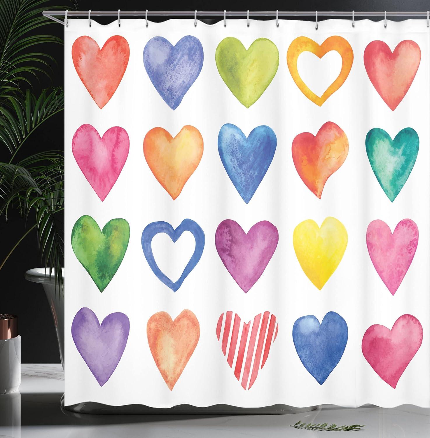 imageAmbesonne Grunge Shower Curtain Rainbow Color Heart Shapes Valentines Day Design Romantic His and Hers Theme Cloth Fabric Bathroom Decor Set with Hooks 69 W x 70 L Red Blue Yellow