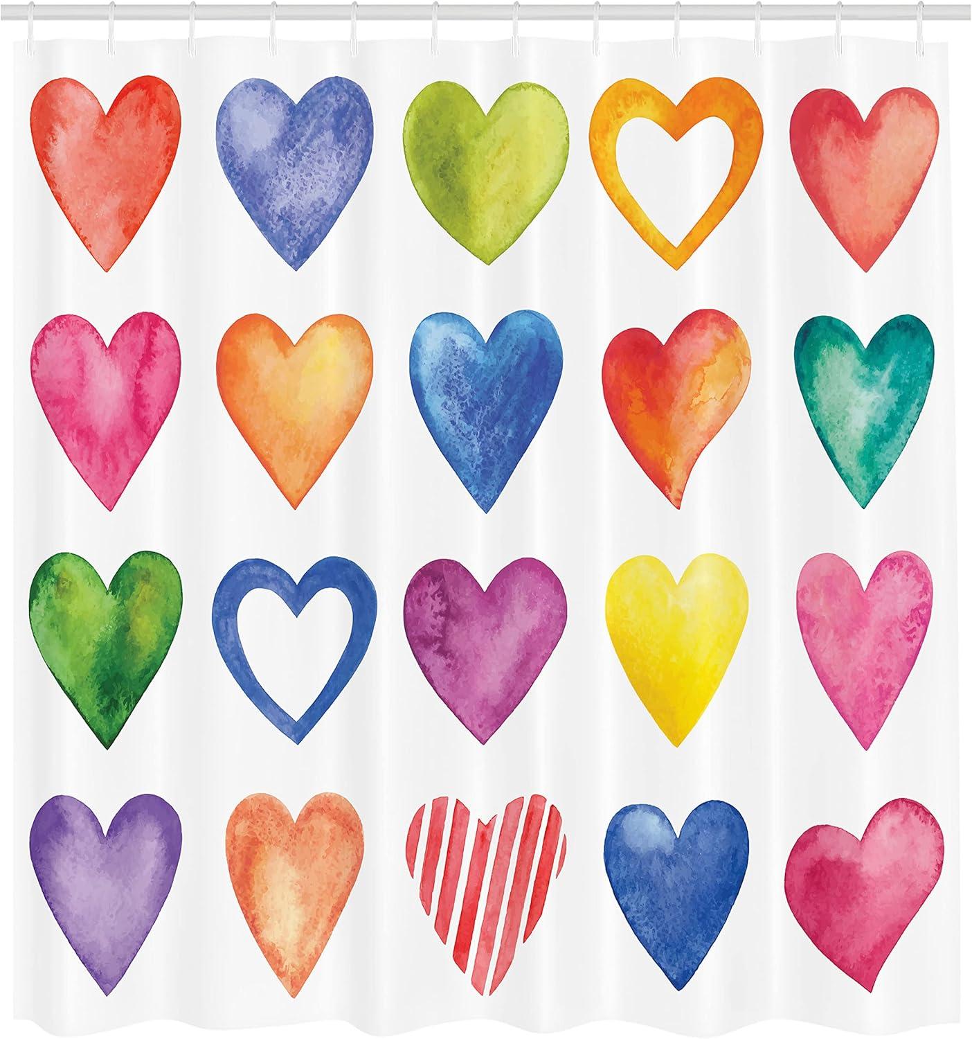 imageAmbesonne Grunge Shower Curtain Rainbow Color Heart Shapes Valentines Day Design Romantic His and Hers Theme Cloth Fabric Bathroom Decor Set with Hooks 69 W x 70 L Red Blue Yellow