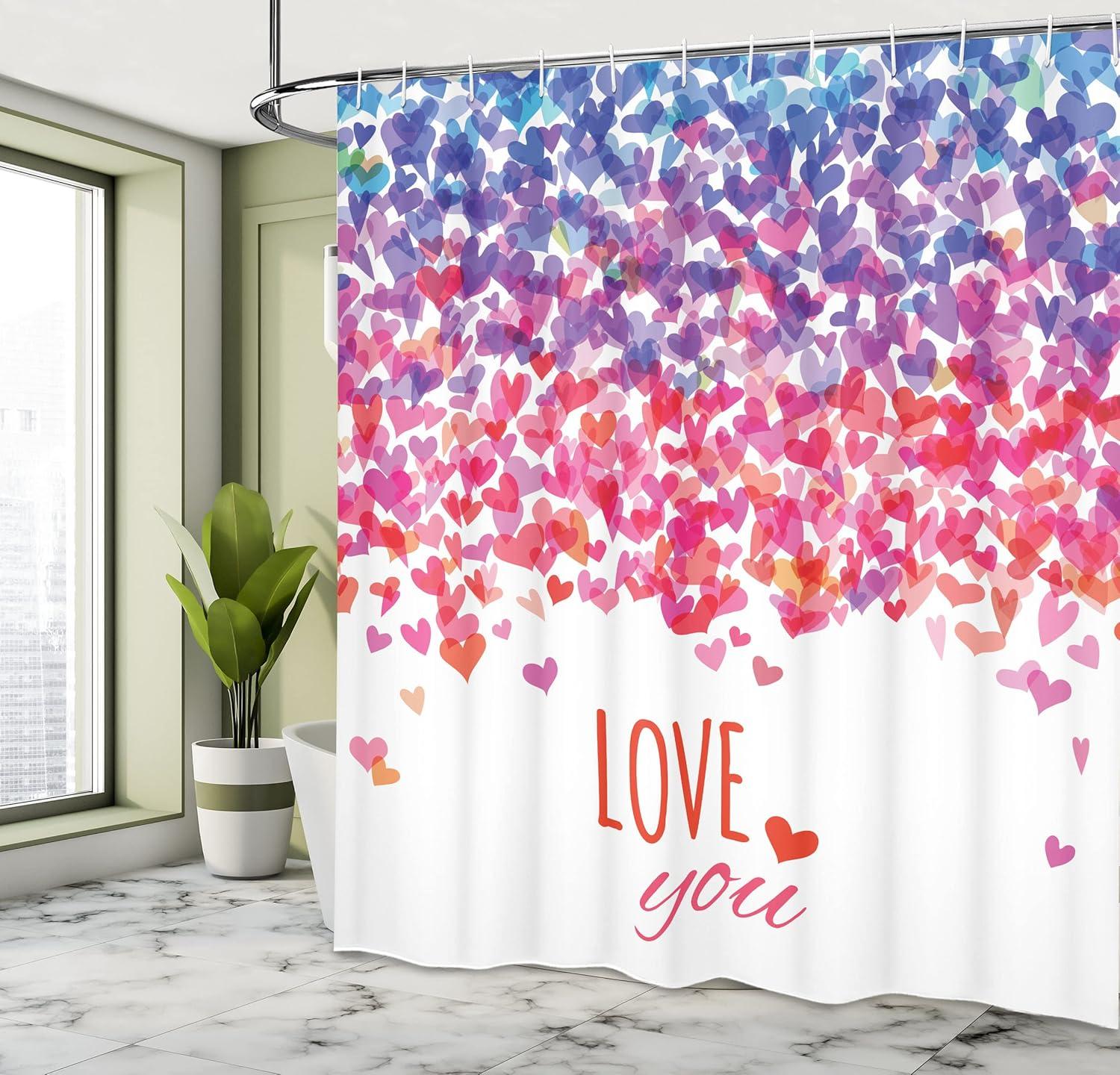 imageAmbesonne Love Shower Curtain Hearts and Love You Message Romantic Valentines Day Inspired Springtime Cheerful Art Cloth Fabric Bathroom Decor Set with Hooks 69 W x 84 L Coral Purple Dark Blue