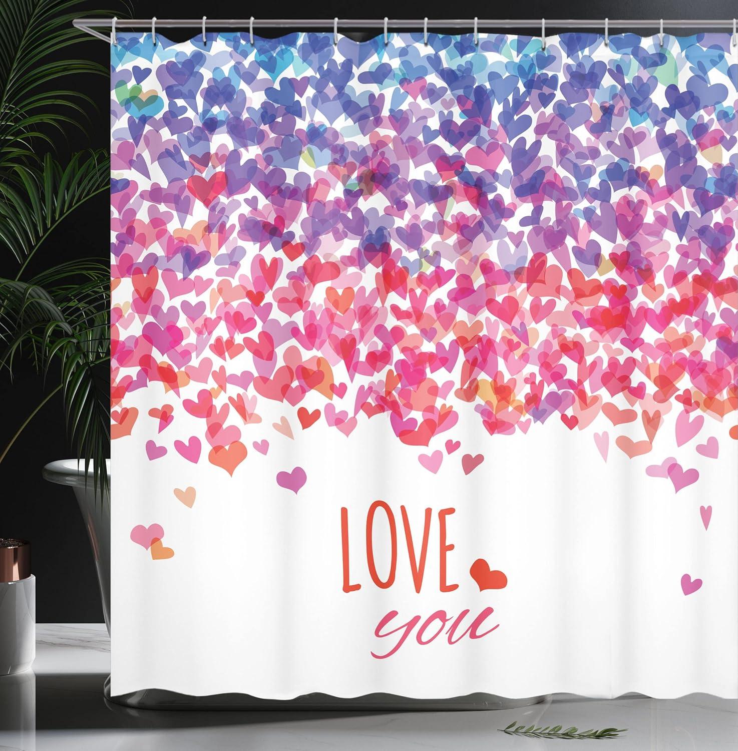 imageAmbesonne Love Shower Curtain Hearts and Love You Message Romantic Valentines Day Inspired Springtime Cheerful Art Cloth Fabric Bathroom Decor Set with Hooks 69 W x 84 L Coral Purple Dark Blue