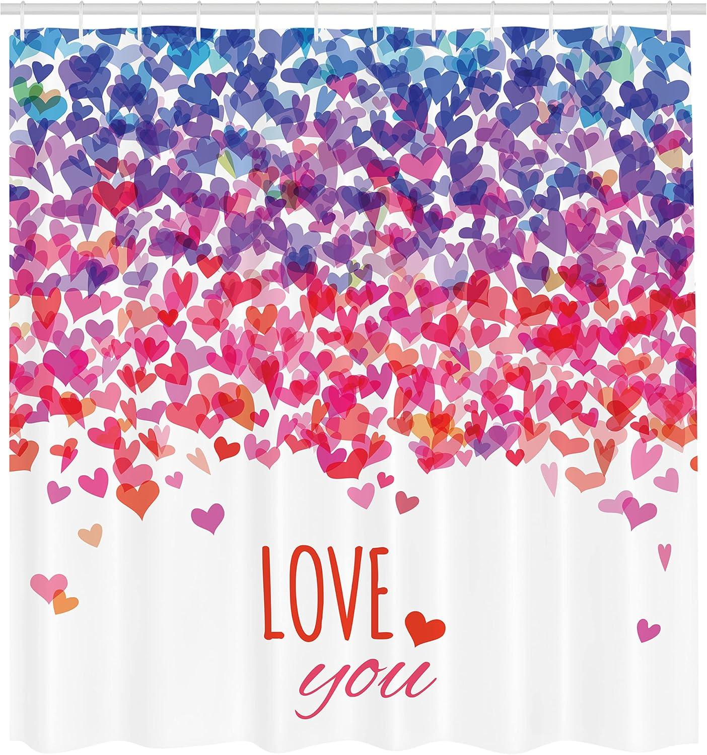 imageAmbesonne Love Shower Curtain Hearts and Love You Message Romantic Valentines Day Inspired Springtime Cheerful Art Cloth Fabric Bathroom Decor Set with Hooks 69 W x 84 L Coral Purple Dark Blue