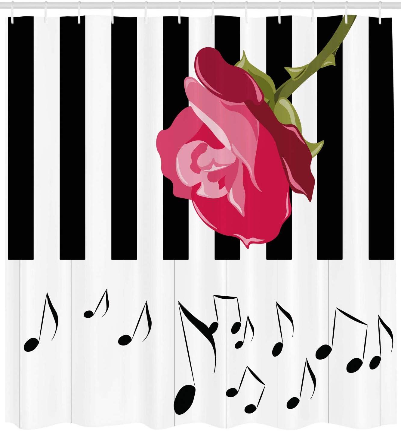 imageAmbesonne Modern Shower Curtain Hand Drawn Red Rose on Piano with Musical Notes Romantic Instrumental Art Cloth Fabric Bathroom Decor Set with Hooks 69 W x 70 L Pink Black White