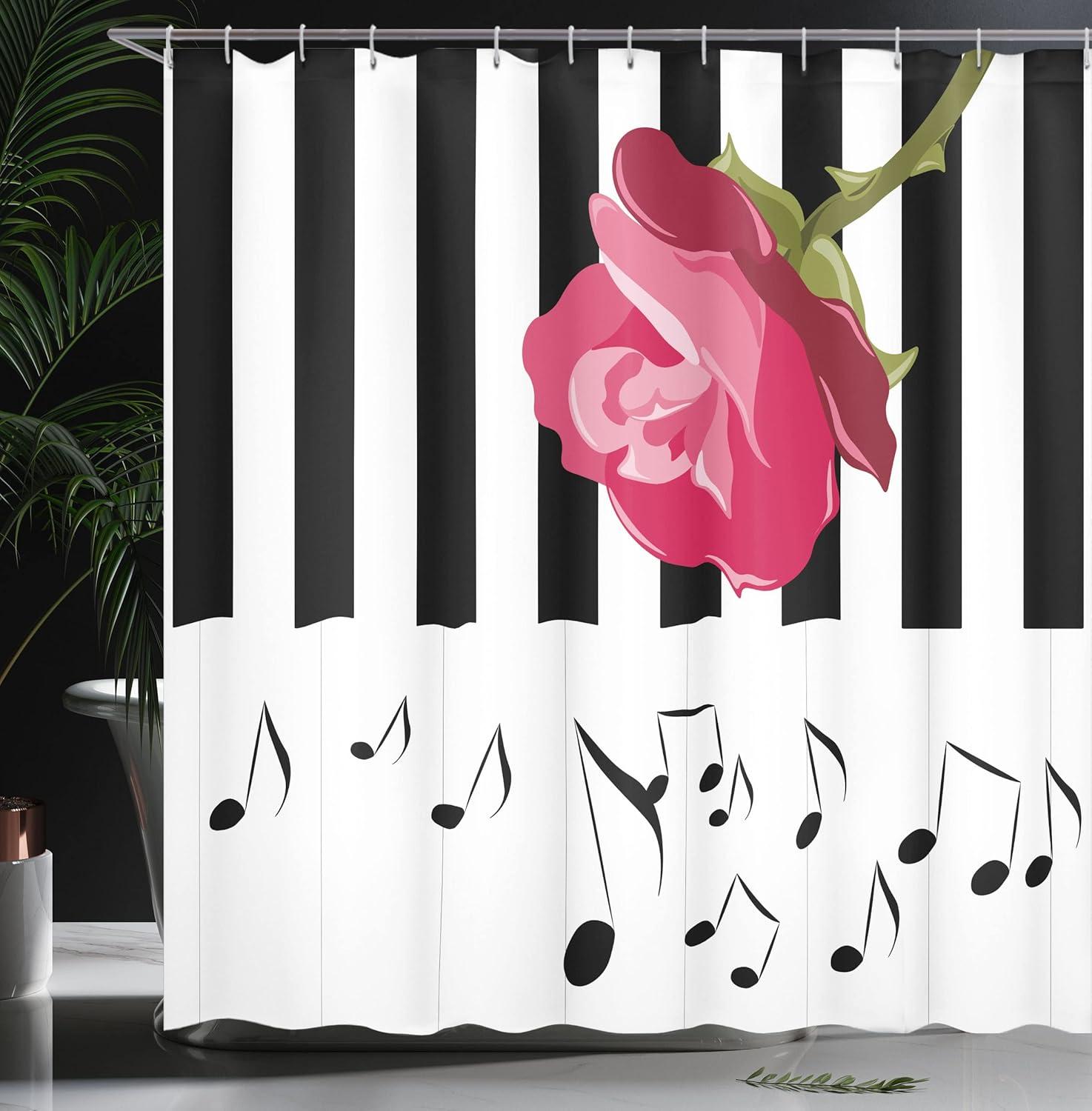 imageAmbesonne Modern Shower Curtain Hand Drawn Red Rose on Piano with Musical Notes Romantic Instrumental Art Cloth Fabric Bathroom Decor Set with Hooks 69 W x 70 L Pink Black White