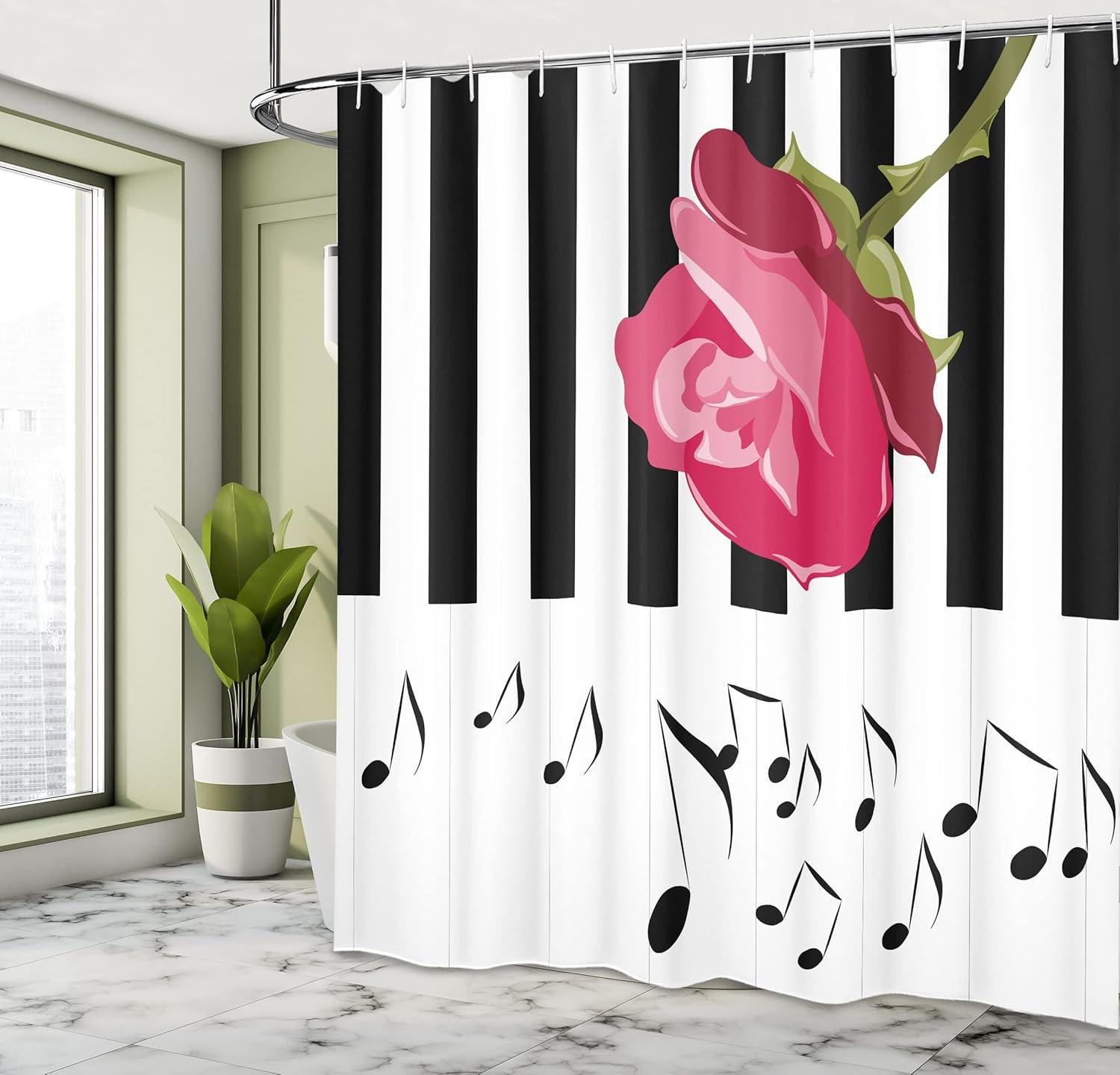 imageAmbesonne Modern Shower Curtain Hand Drawn Red Rose on Piano with Musical Notes Romantic Instrumental Art Cloth Fabric Bathroom Decor Set with Hooks 69 W x 70 L Pink Black White