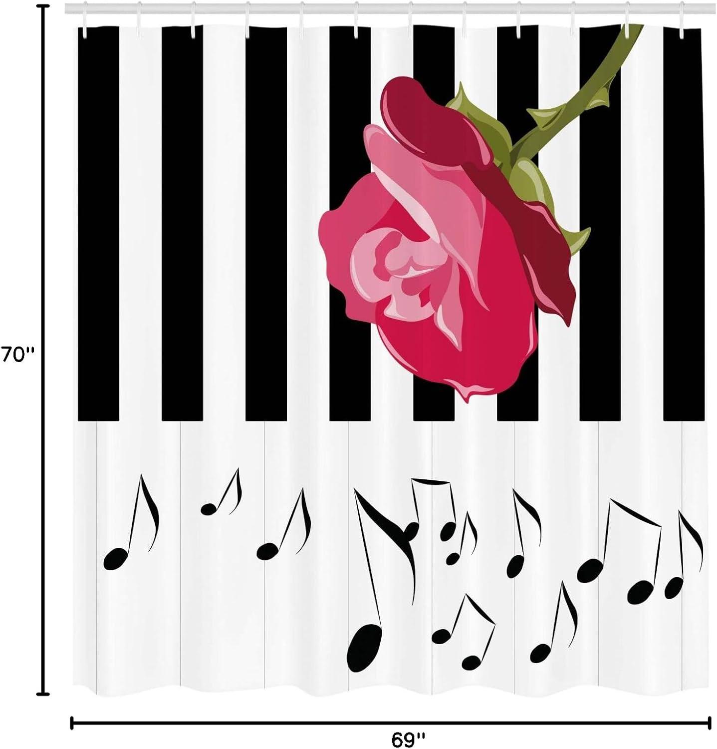 imageAmbesonne Modern Shower Curtain Hand Drawn Red Rose on Piano with Musical Notes Romantic Instrumental Art Cloth Fabric Bathroom Decor Set with Hooks 69 W x 70 L Pink Black White