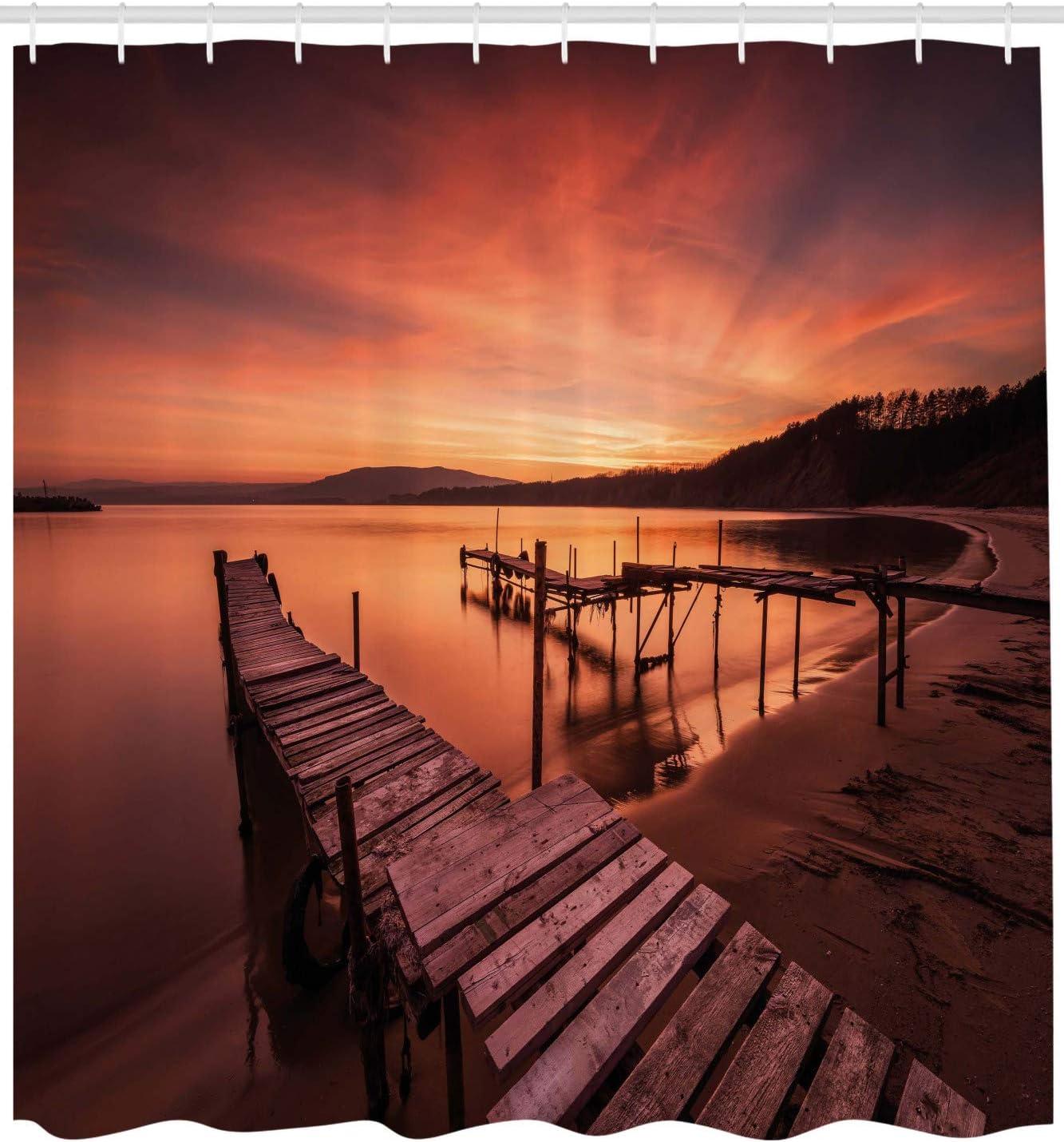 imageAmbesonne Orange Shower Curtain Old Rustic Pier on The Beach and Romantic Tranquil Sky Pure Twilight Concept Scenic Cloth Fabric Bathroom Decor Set with Hooks 69 W x 70 L Orange