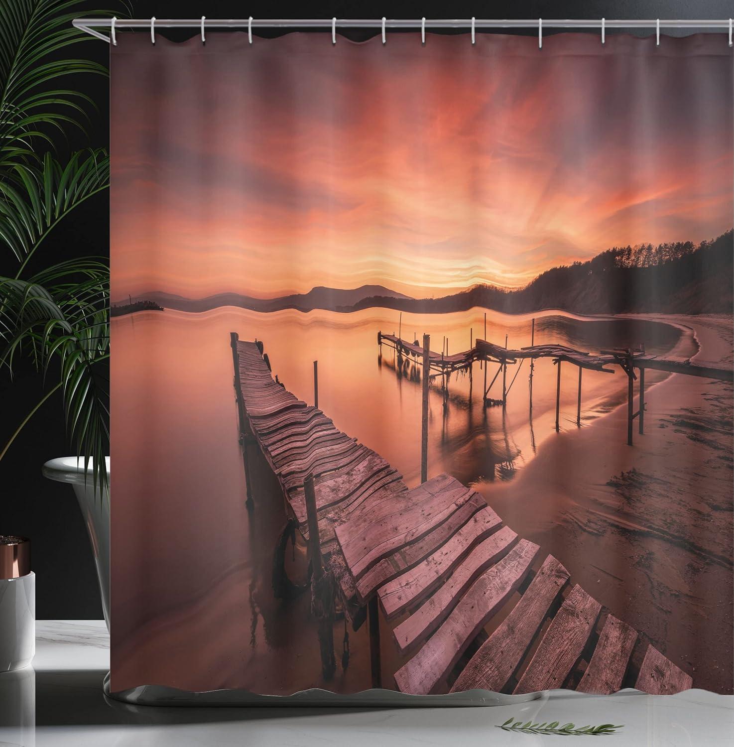 imageAmbesonne Orange Shower Curtain Old Rustic Pier on The Beach and Romantic Tranquil Sky Pure Twilight Concept Scenic Cloth Fabric Bathroom Decor Set with Hooks 69 W x 70 L Orange