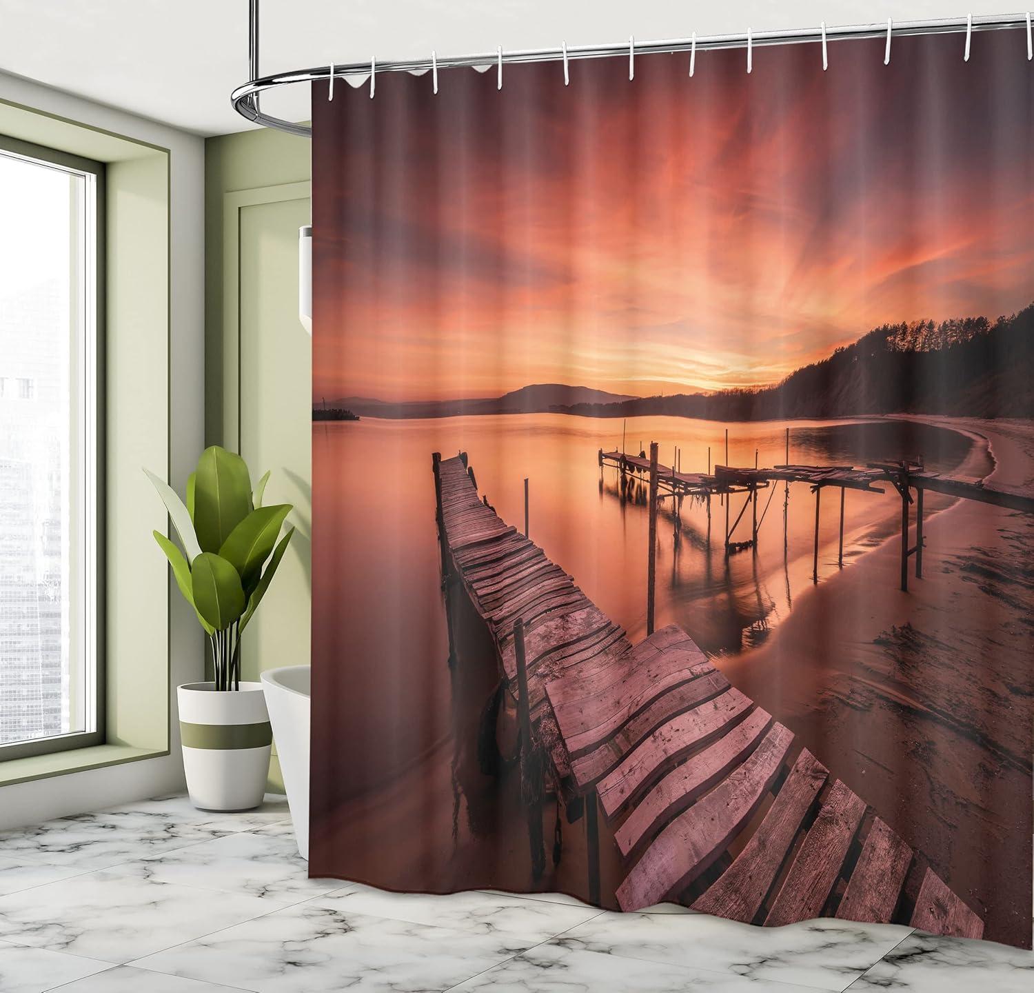 imageAmbesonne Orange Shower Curtain Old Rustic Pier on The Beach and Romantic Tranquil Sky Pure Twilight Concept Scenic Cloth Fabric Bathroom Decor Set with Hooks 69 W x 70 L Orange