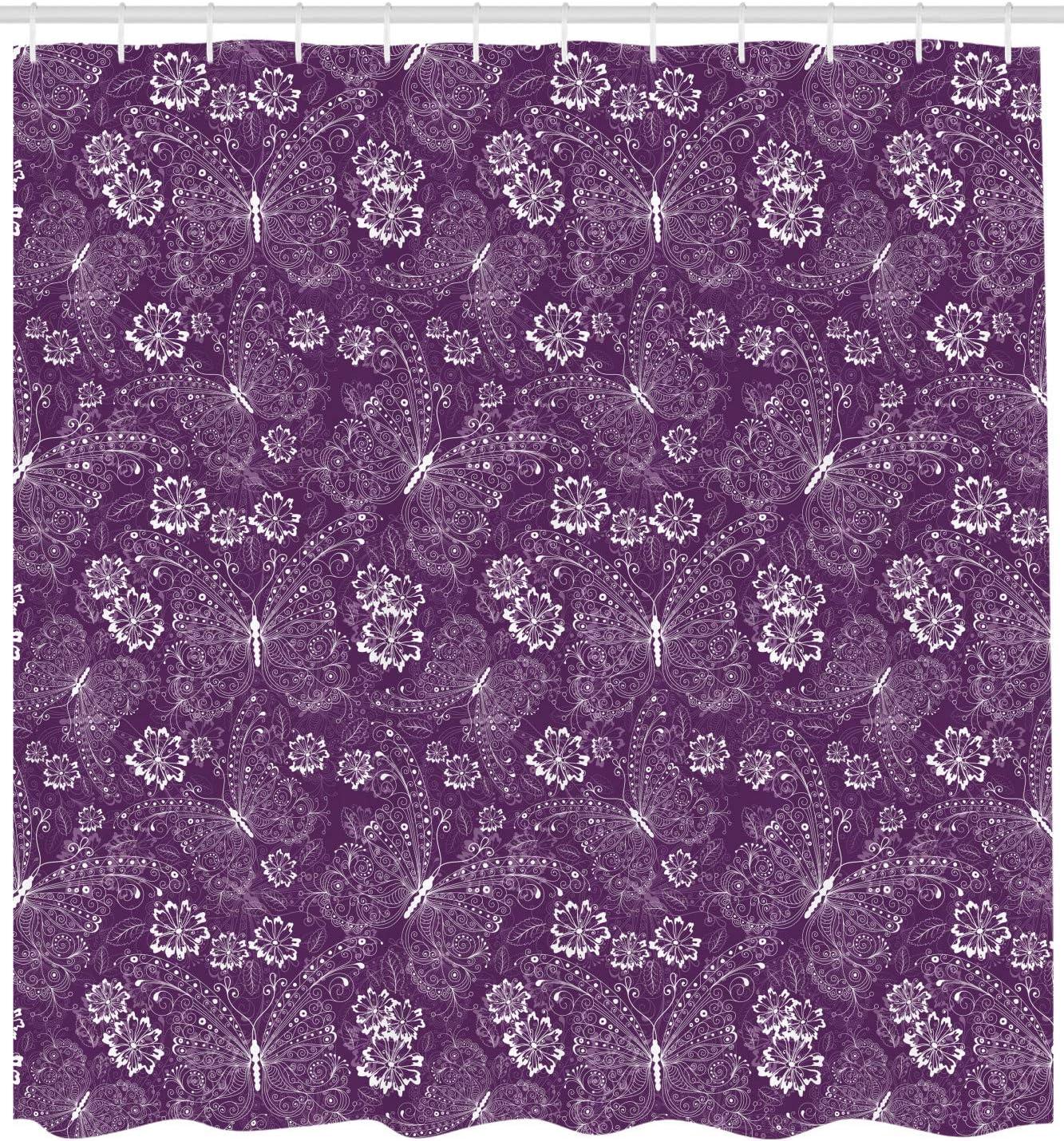 imageAmbesonne Plum Shower Curtain Floral Romantic Pattern with Vintage Style White Butterflies Swirly Wings and Flowers Cloth Fabric Bathroom Decor Set with Hooks 69 W x 70 L White Plum