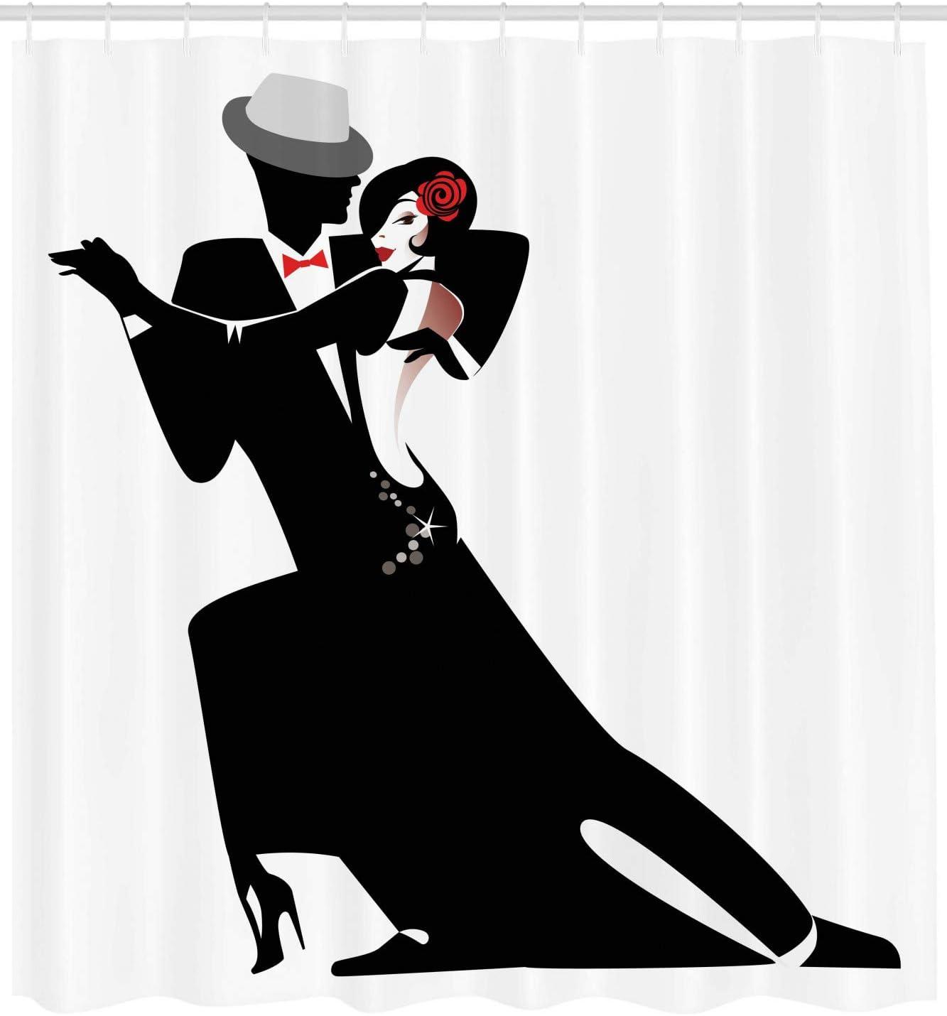 imageAmbesonne Retro Shower Curtain Man and Woman Partners Romantic Dance Tango Waltz Lovers in Rhythmic Music Art Print Cloth Fabric Bathroom Decor Set with Hooks 69 W x 84 L White Black