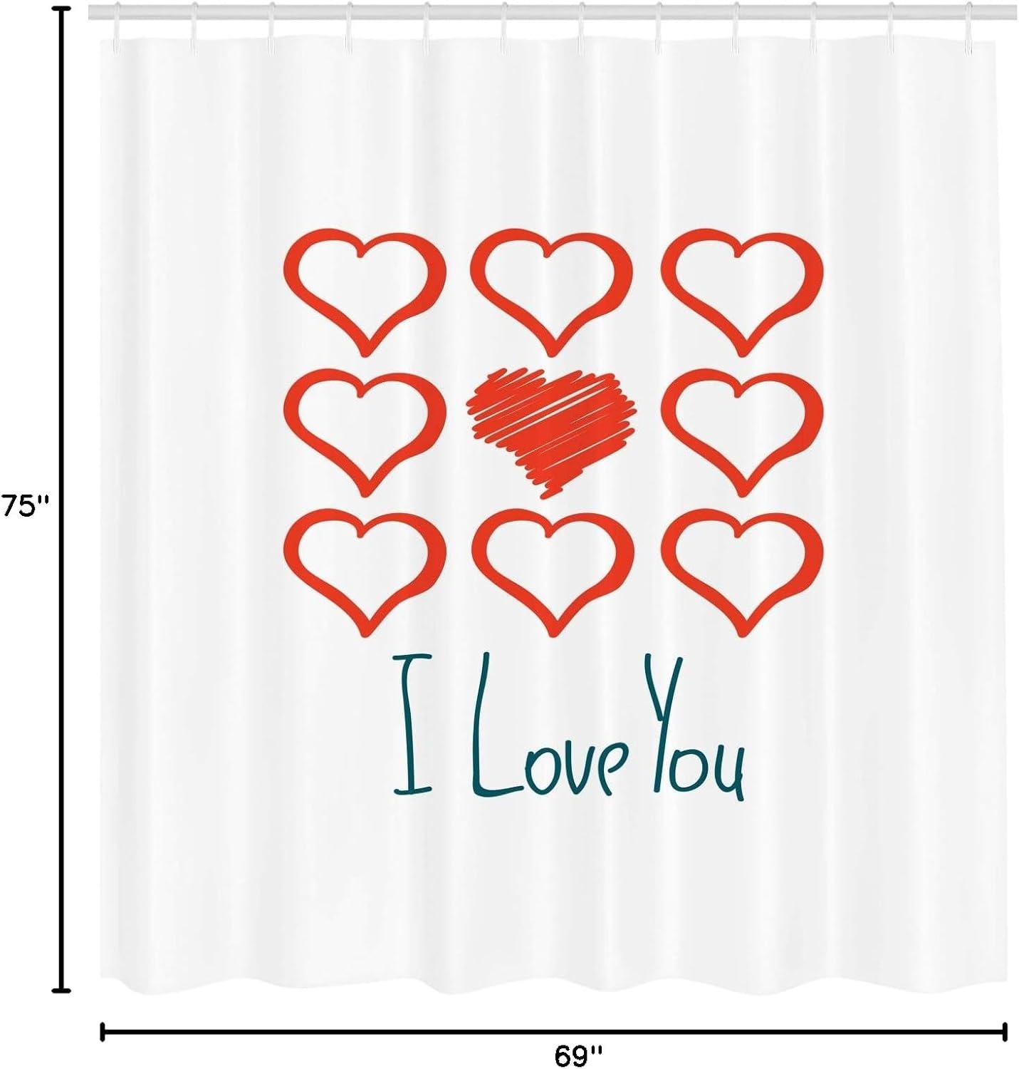 imageAmbesonne Romantic Shower Curtain Hand Drawn Style Red Hearts Set Scribble I Love You Lettering Cloth Fabric Bathroom Decor Set Hooks 69 W x 75 L Vermilion White