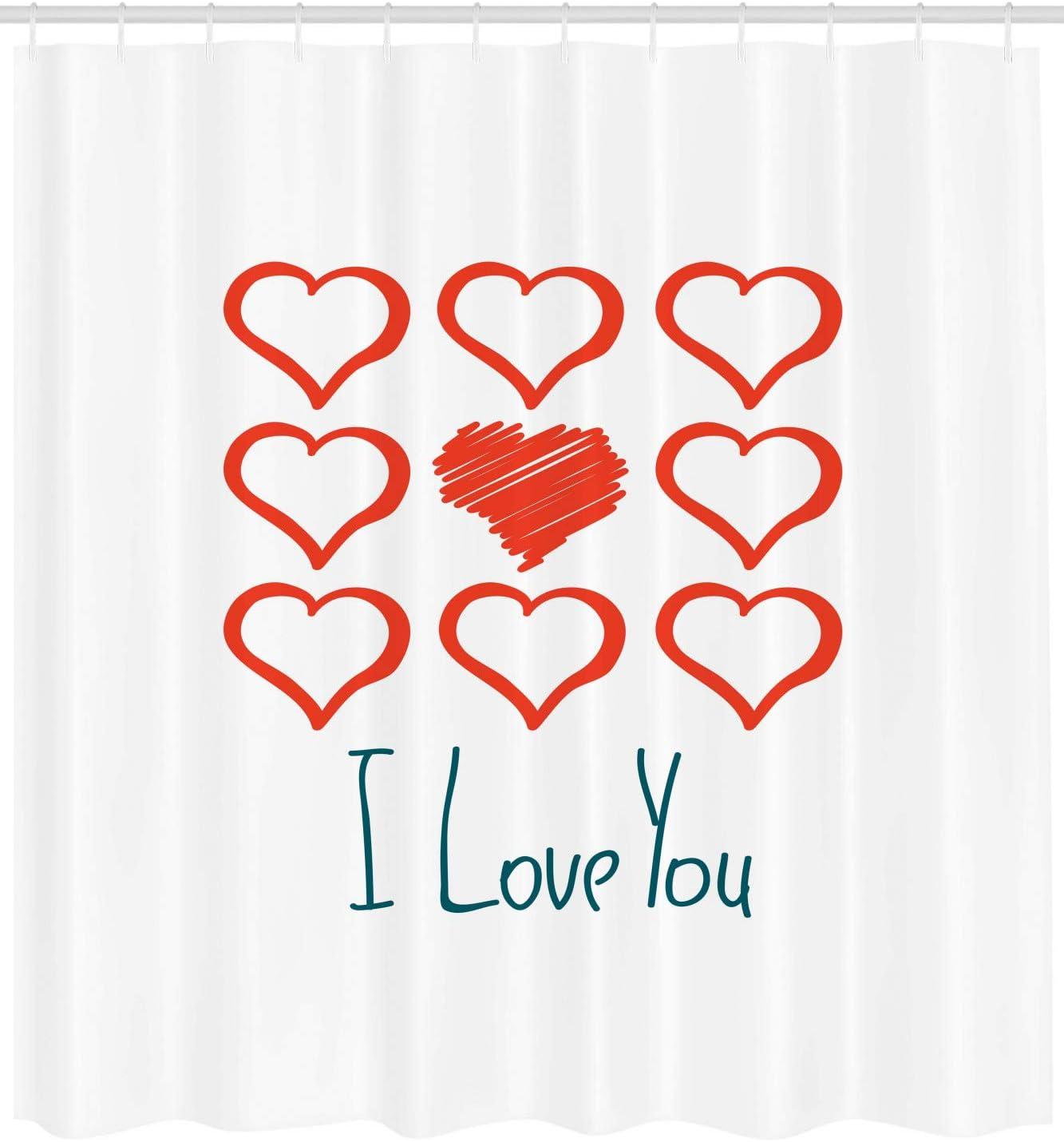 imageAmbesonne Romantic Shower Curtain Hand Drawn Style Red Hearts Set Scribble I Love You Lettering Cloth Fabric Bathroom Decor Set Hooks 69 W x 75 L Vermilion White
