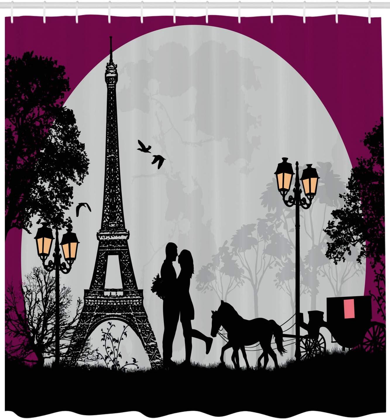 imageAmbesonne Romantic Shower Curtain Horse Carriage Couple Hugging in Front of The Eiffel Tower and Full Moon Cloth Fabric Bathroom Decor Set with Hooks 69 W x 84 L Fuchsia Grey Black