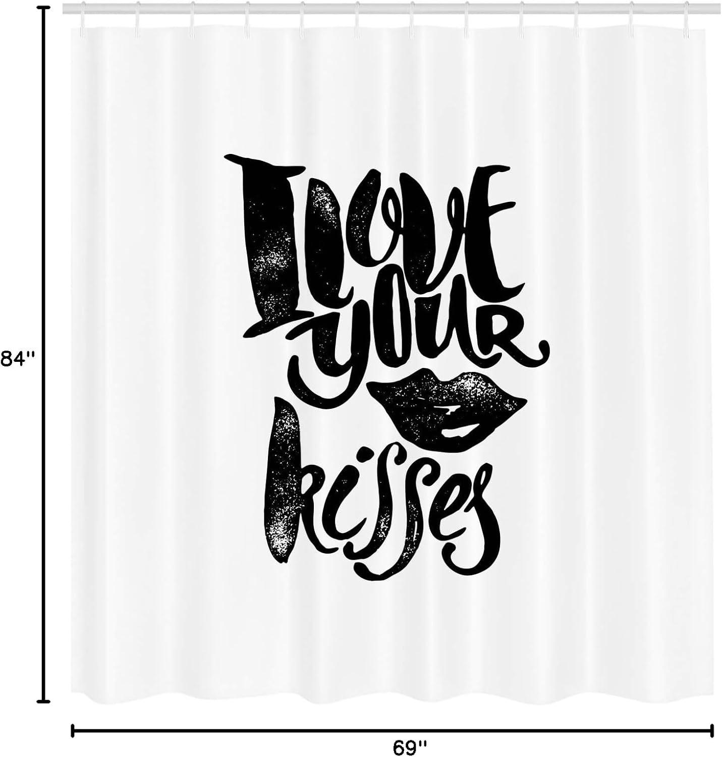 imageAmbesonne Romantic Shower Curtain I Love Your Kisses Grungy Looking Valentines Phrase with Woman Lipstick Mark Cloth Fabric Bathroom Decor Set with Hooks 69 W x 84 L Black White