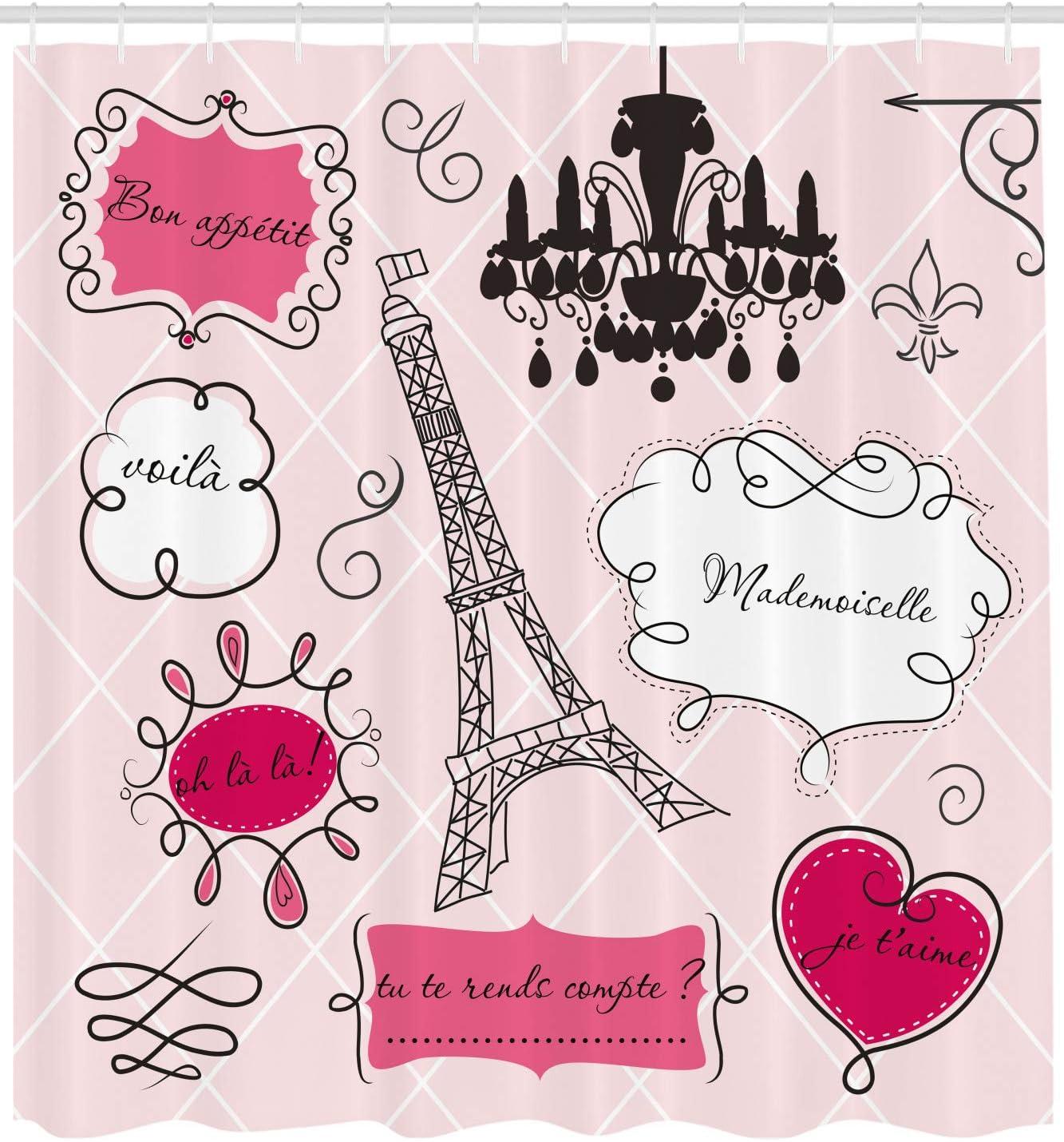 imageAmbesonne Romantic Shower Curtain Love Themed Frames in French Style Rococo Baroque Mademoiselle Eiffel Print Cloth Fabric Bathroom Decor Set with Hooks 69 W x 75 L Hot Pink Black
