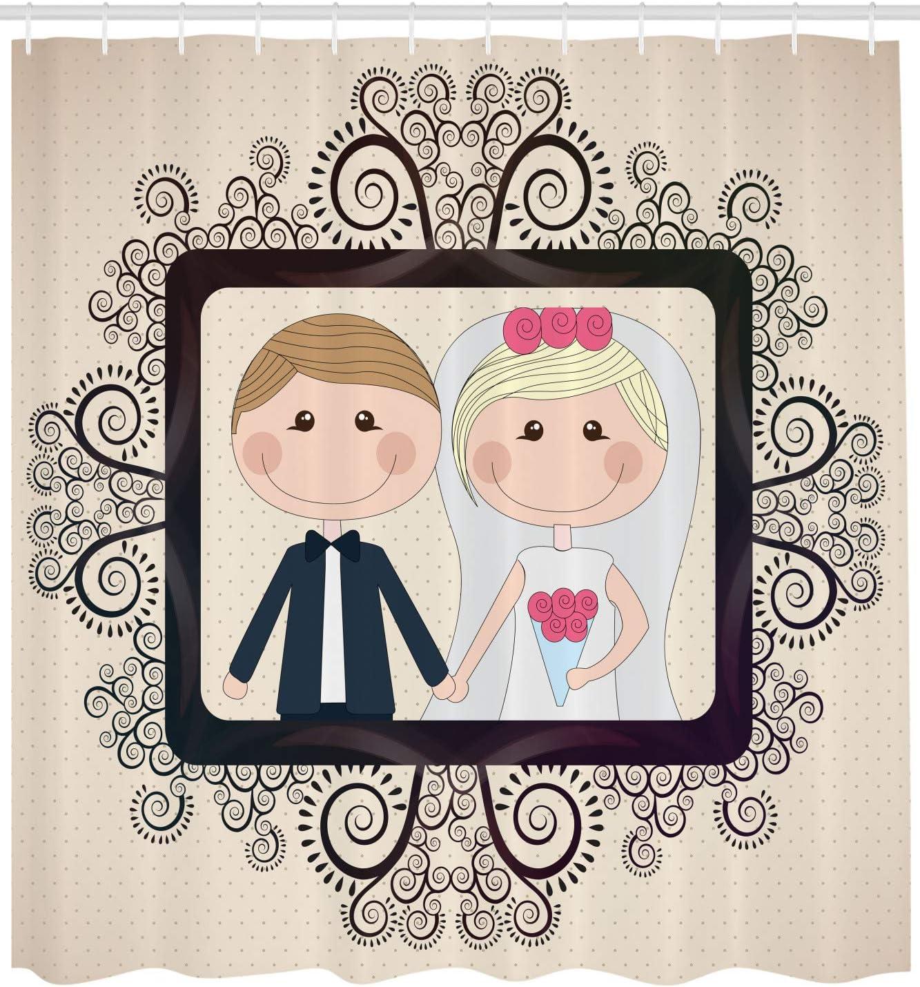 imageAmbesonne Romantic Shower Curtain Wedding Photography Illustration with Happy Bride and Groom Swirled Lines Backdrop Cloth Fabric Bathroom Decor Set with Hooks 69 W x 75 L Multicolor