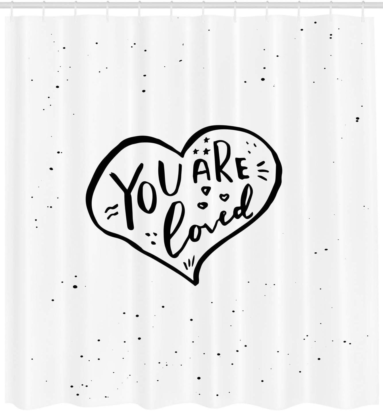 imageAmbesonne Romantic Shower Curtain You are Loved Hand Drawn Style Phrase in a Valentines Heart Shape Stars and Dots Cloth Fabric Bathroom Decor Set with Hooks 69 W x 70 L Black White