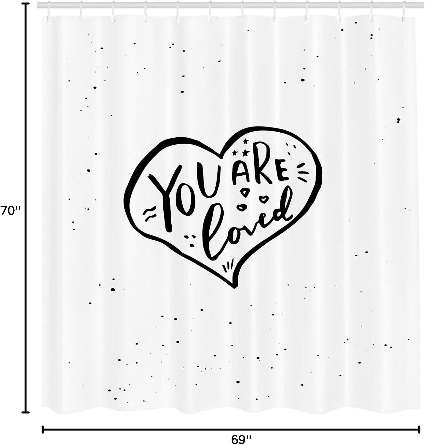 imageAmbesonne Romantic Shower Curtain You are Loved Hand Drawn Style Phrase in a Valentines Heart Shape Stars and Dots Cloth Fabric Bathroom Decor Set with Hooks 69 W x 70 L Black White