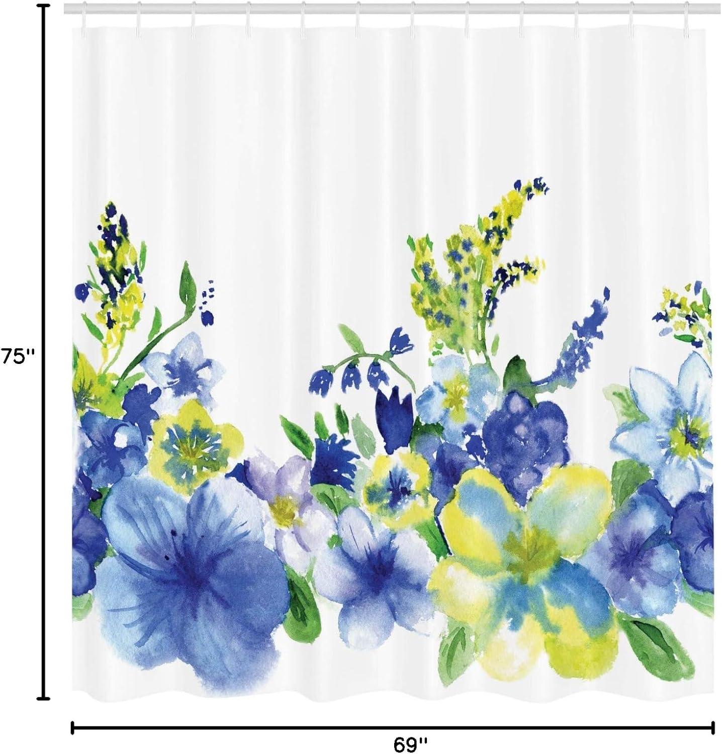 imageAmbesonne Watercolor Flower Shower Curtain Swirled Brushstroke Herbs Romantic Feminine Blooming Nature Art Cloth Fabric Bathroom Decor Set with Hooks 69 W x 75 L Blue Yellow
