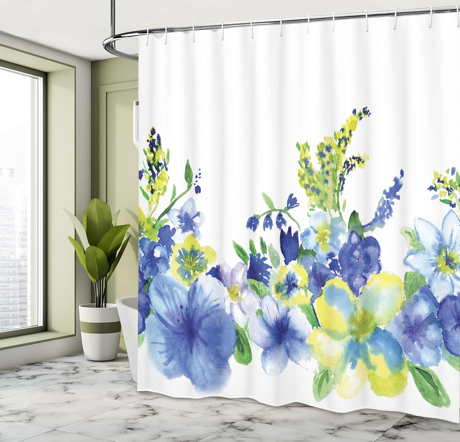 imageAmbesonne Watercolor Flower Shower Curtain Swirled Brushstroke Herbs Romantic Feminine Blooming Nature Art Cloth Fabric Bathroom Decor Set with Hooks 69 W x 75 L Blue Yellow