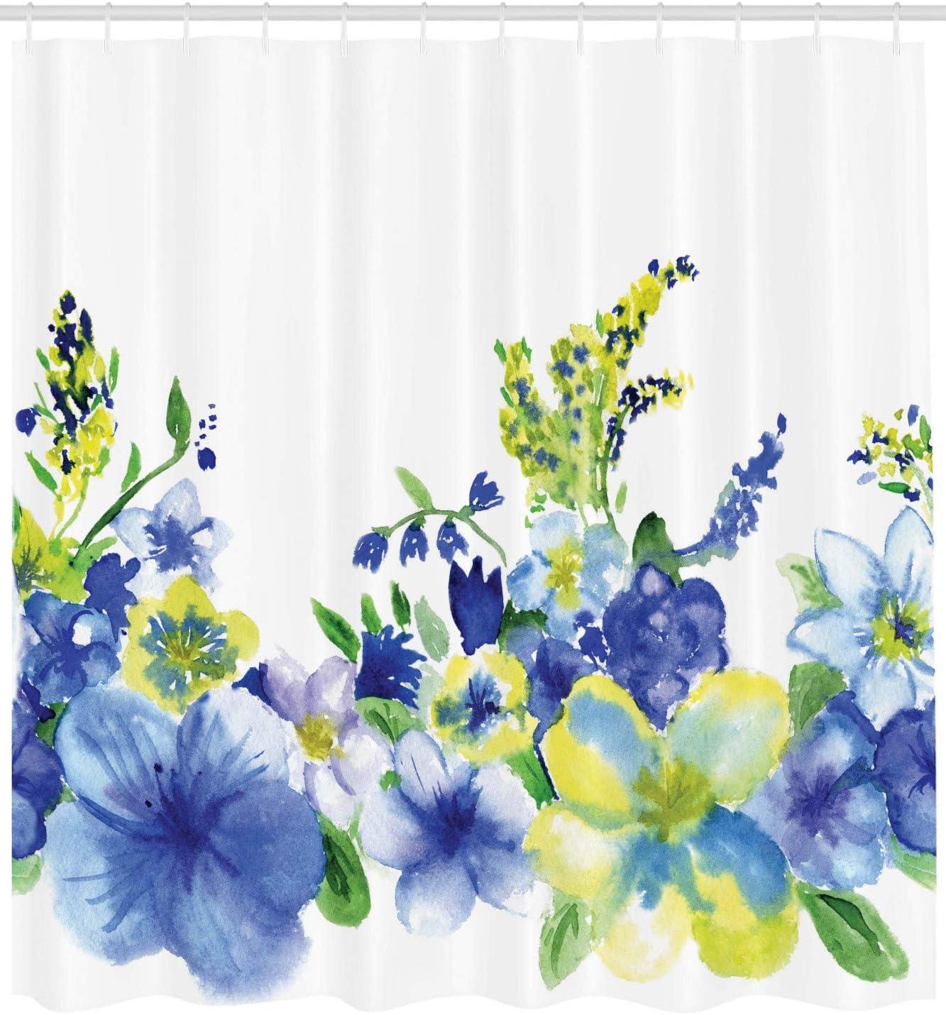 imageAmbesonne Watercolor Flower Shower Curtain Swirled Brushstroke Herbs Romantic Feminine Blooming Nature Art Cloth Fabric Bathroom Decor Set with Hooks 69 W x 75 L Blue Yellow