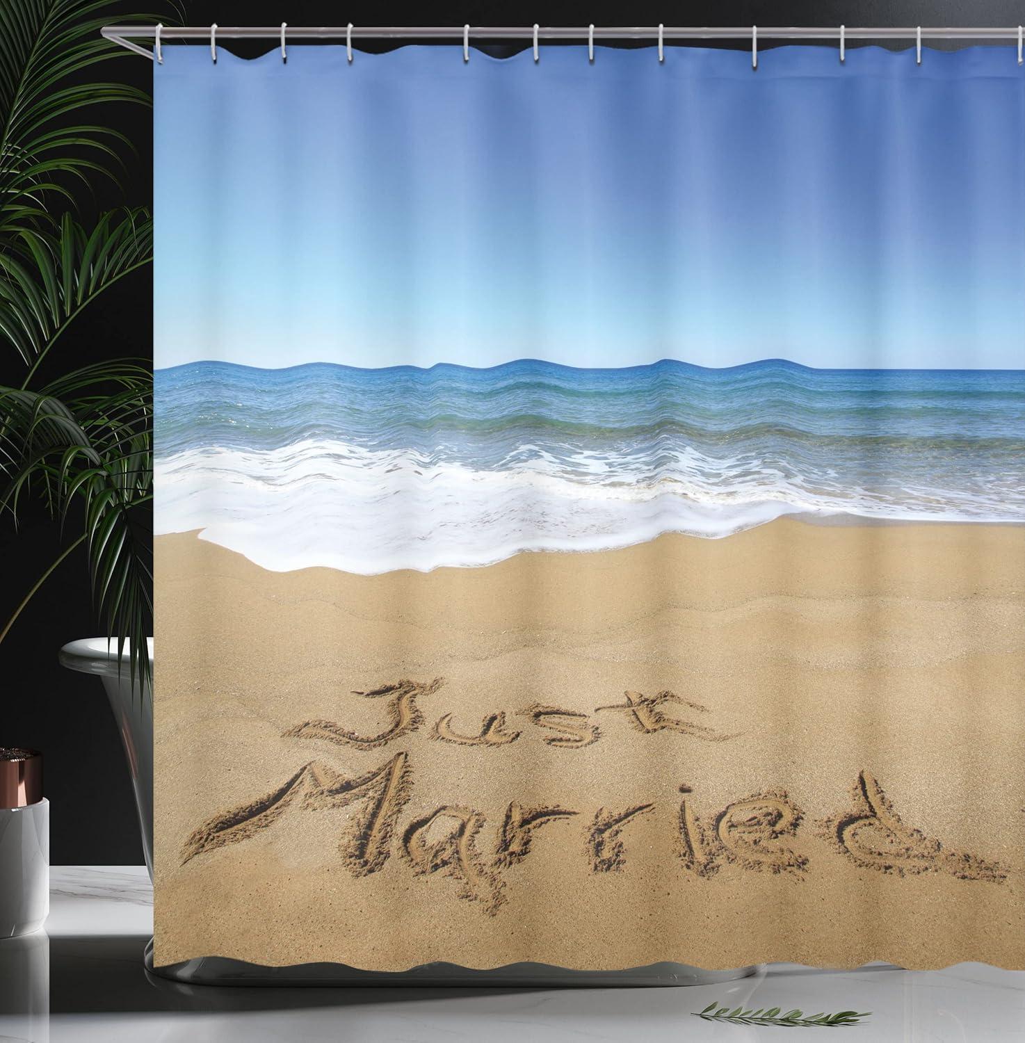 imageAmbesonne Wedding Shower Curtain Just Married Written on Sandy Beach Ocean Waves Romantic Photo Celebration Cloth Fabric Bathroom Decor Set with Hooks 69 W x 70 L Blue Brown White