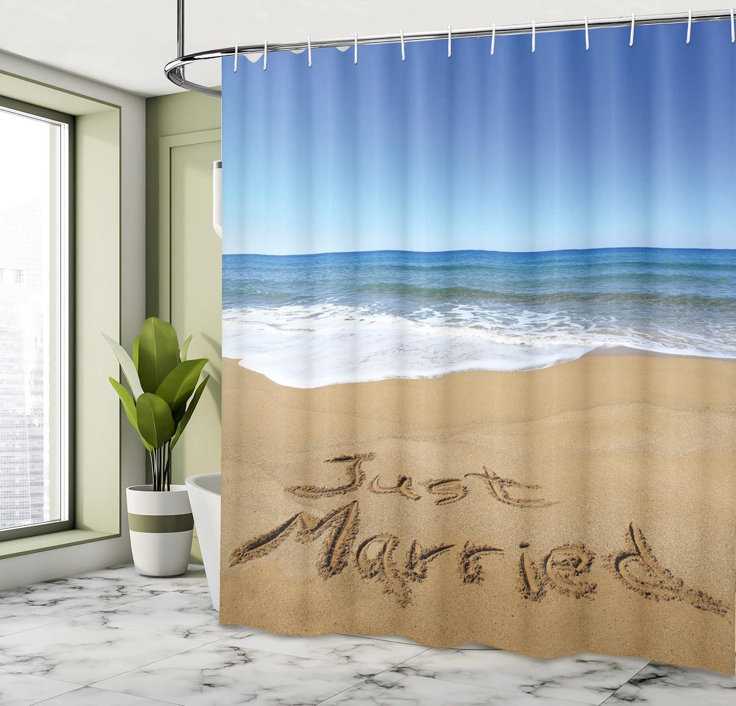 imageAmbesonne Wedding Shower Curtain Just Married Written on Sandy Beach Ocean Waves Romantic Photo Celebration Cloth Fabric Bathroom Decor Set with Hooks 69 W x 70 L Blue Brown White
