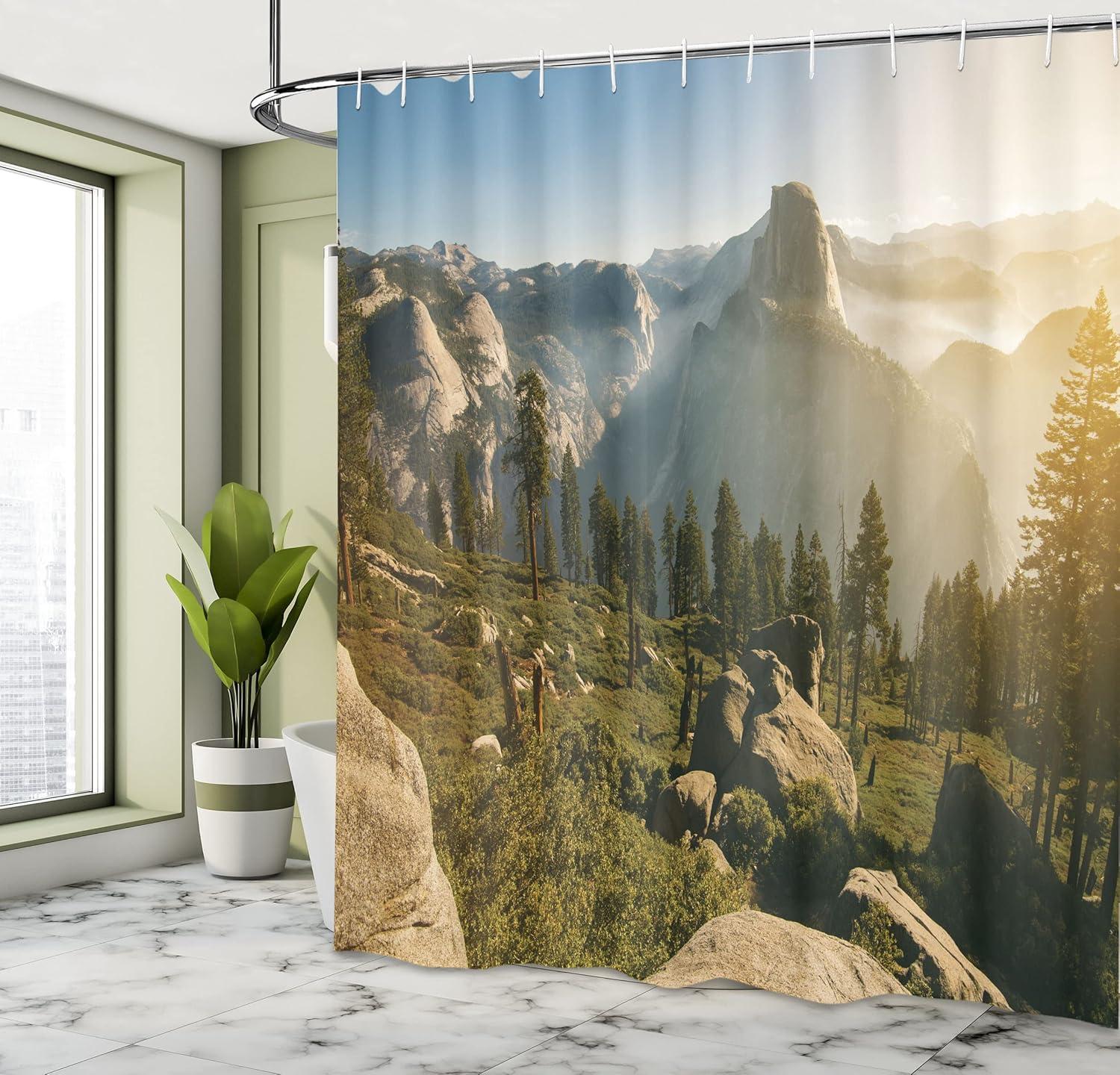 imageAmbesonne Yosemite Shower Curtain Yosemite Valley and Half Dome in Foggy Morning During Romantic Sunrise Scenery Cloth Fabric Bathroom Decor Set with Hooks 69 W x 70 L Green Beige