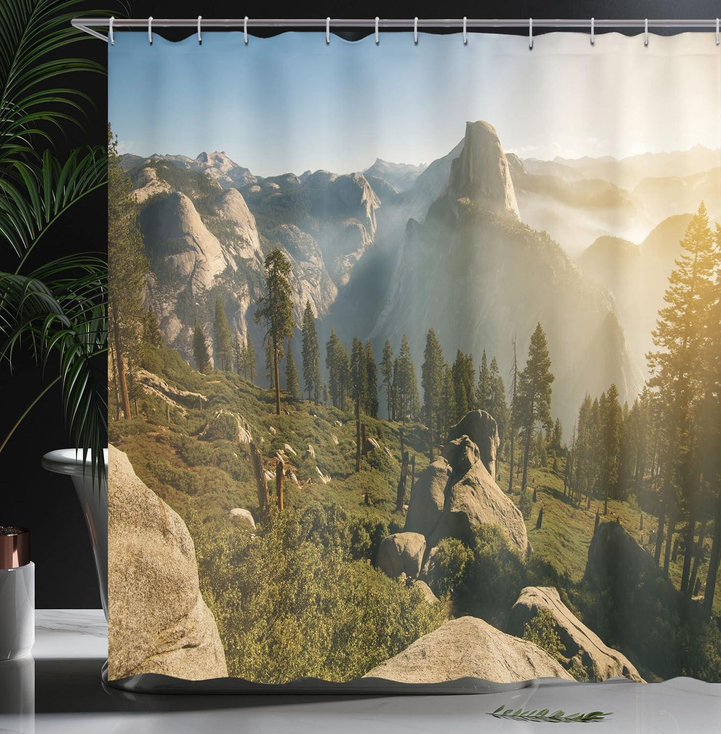 imageAmbesonne Yosemite Shower Curtain Yosemite Valley and Half Dome in Foggy Morning During Romantic Sunrise Scenery Cloth Fabric Bathroom Decor Set with Hooks 69 W x 70 L Green Beige