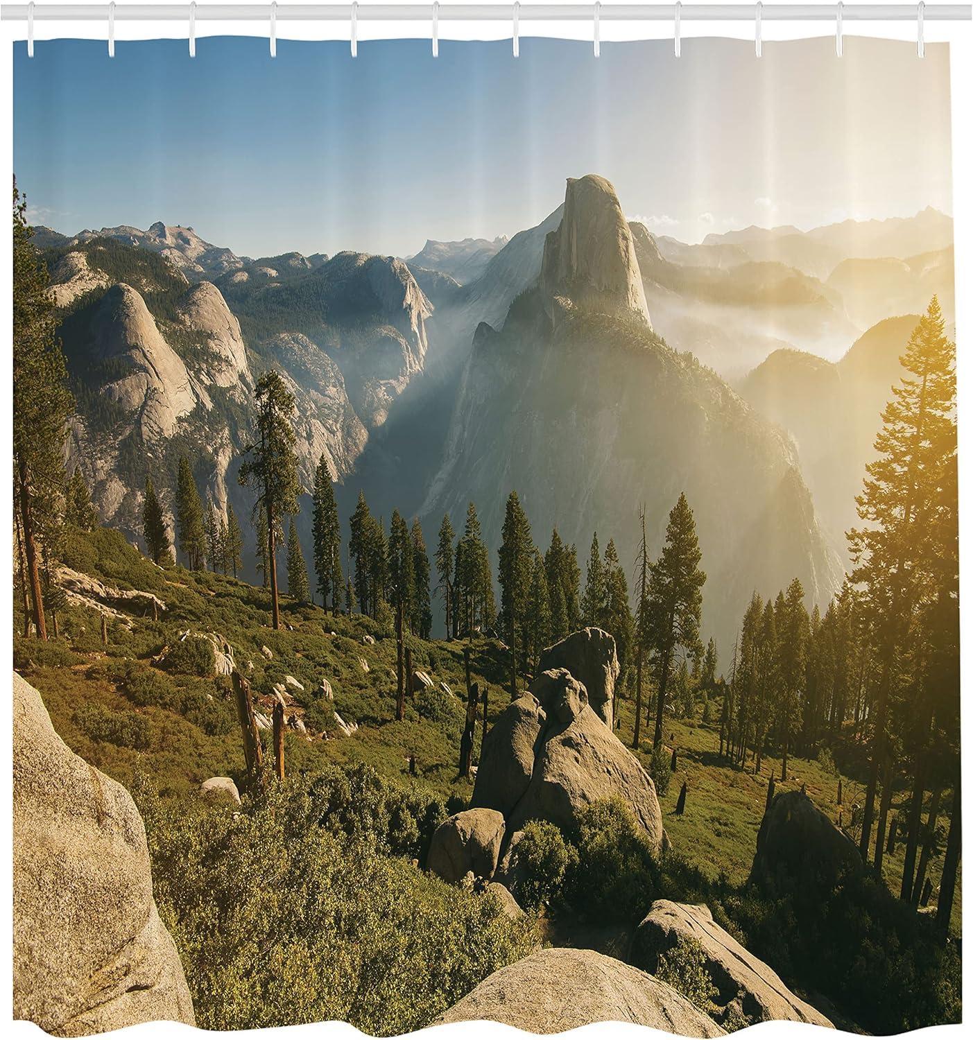 imageAmbesonne Yosemite Shower Curtain Yosemite Valley and Half Dome in Foggy Morning During Romantic Sunrise Scenery Cloth Fabric Bathroom Decor Set with Hooks 69 W x 70 L Green Beige