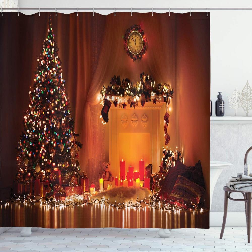 imageAmbesonne Christmas Shower Curtain Romantic Xmas Room with Candles Presents Toys Picture Print Cloth Fabric Bathroom Decor Set with Hooks 69 W x 75 L Orange