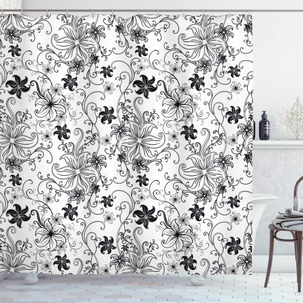 imageAmbesonne Floral Shower Curtain Flowers Leaves Twirled Swirls Buds Nature Romantic Design Art Print Cloth Fabric Bathroom Decor Set with Hooks 69 W x 70 L Black White