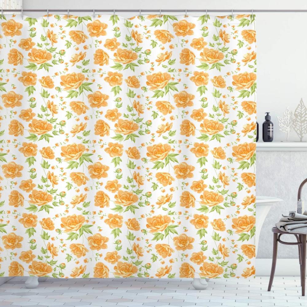 imageAmbesonne Flower Shower Curtain Peony Bouquets Romantic Holiday Season Classic Old Days Floral Art Cloth Fabric Bathroom Decor Set with Hooks 69 W x 70 L Pale Orange Green White