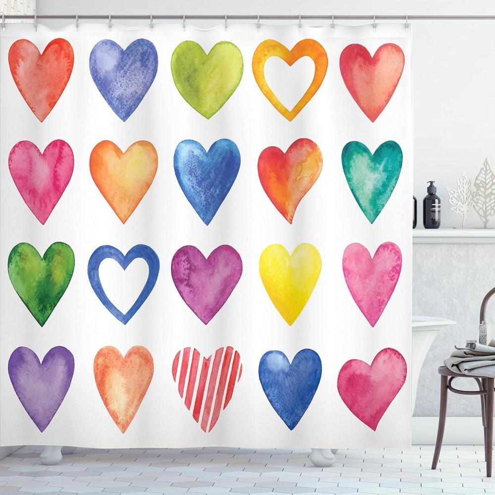 imageAmbesonne Grunge Shower Curtain Rainbow Color Heart Shapes Valentines Day Design Romantic His and Hers Theme Cloth Fabric Bathroom Decor Set with Hooks 69 W x 70 L Red Blue Yellow
