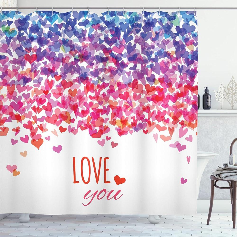 imageAmbesonne Love Shower Curtain Hearts and Love You Message Romantic Valentines Day Inspired Springtime Cheerful Art Cloth Fabric Bathroom Decor Set with Hooks 69 W x 84 L Coral Purple Dark Blue