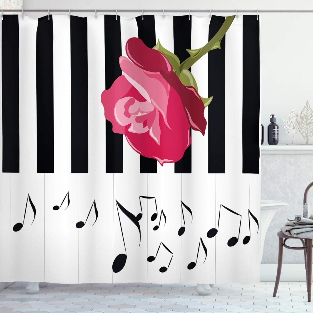 imageAmbesonne Modern Shower Curtain Hand Drawn Red Rose on Piano with Musical Notes Romantic Instrumental Art Cloth Fabric Bathroom Decor Set with Hooks 69 W x 70 L Pink Black White
