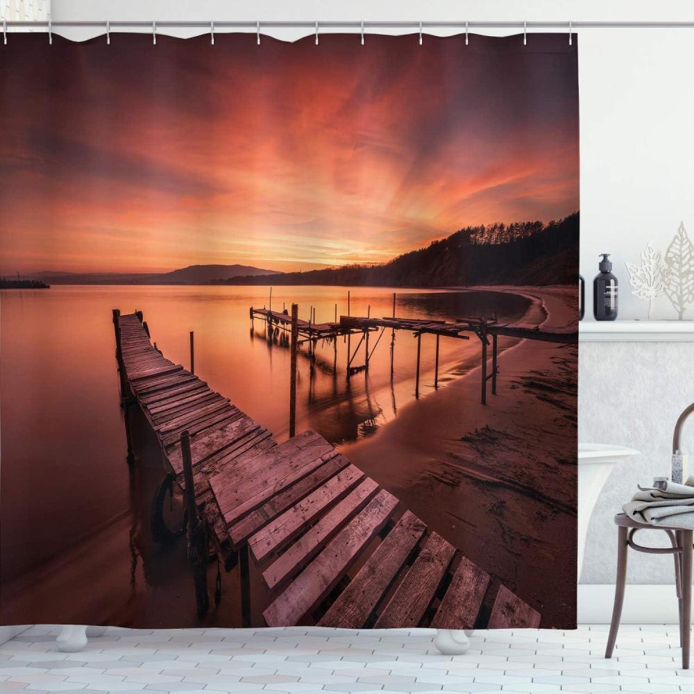 imageAmbesonne Orange Shower Curtain Old Rustic Pier on The Beach and Romantic Tranquil Sky Pure Twilight Concept Scenic Cloth Fabric Bathroom Decor Set with Hooks 69 W x 70 L Orange
