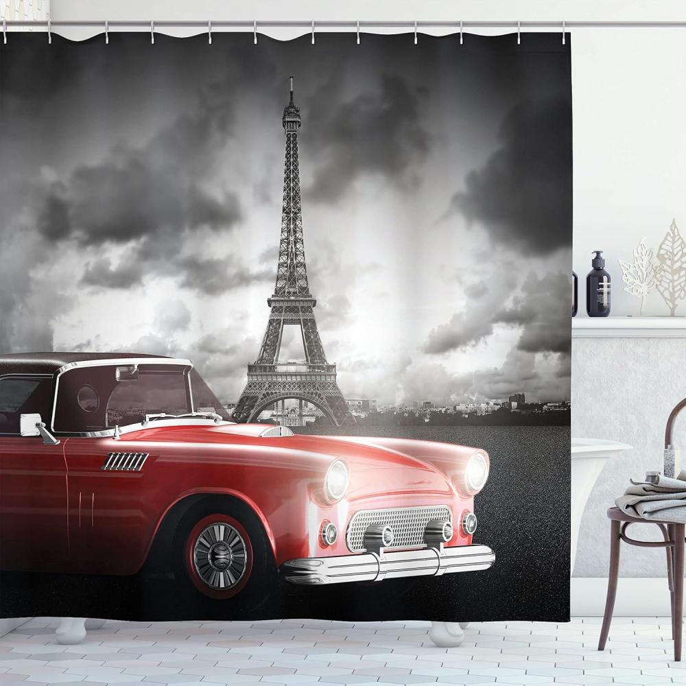 imageAmbesonne Paris Shower Curtain Vintage Car Tour Eiffel in Cold Cloudy Day Romantic Theme Retro Style Art Cloth Fabric Bathroom Decor Set with Hooks 69 W x 84 L Grey Red