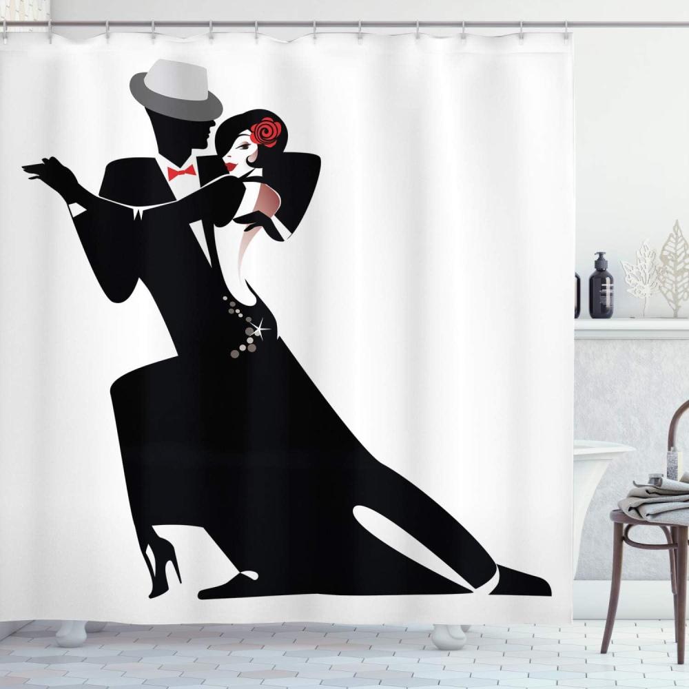 imageAmbesonne Retro Shower Curtain Man and Woman Partners Romantic Dance Tango Waltz Lovers in Rhythmic Music Art Print Cloth Fabric Bathroom Decor Set with Hooks 69 W x 84 L White Black