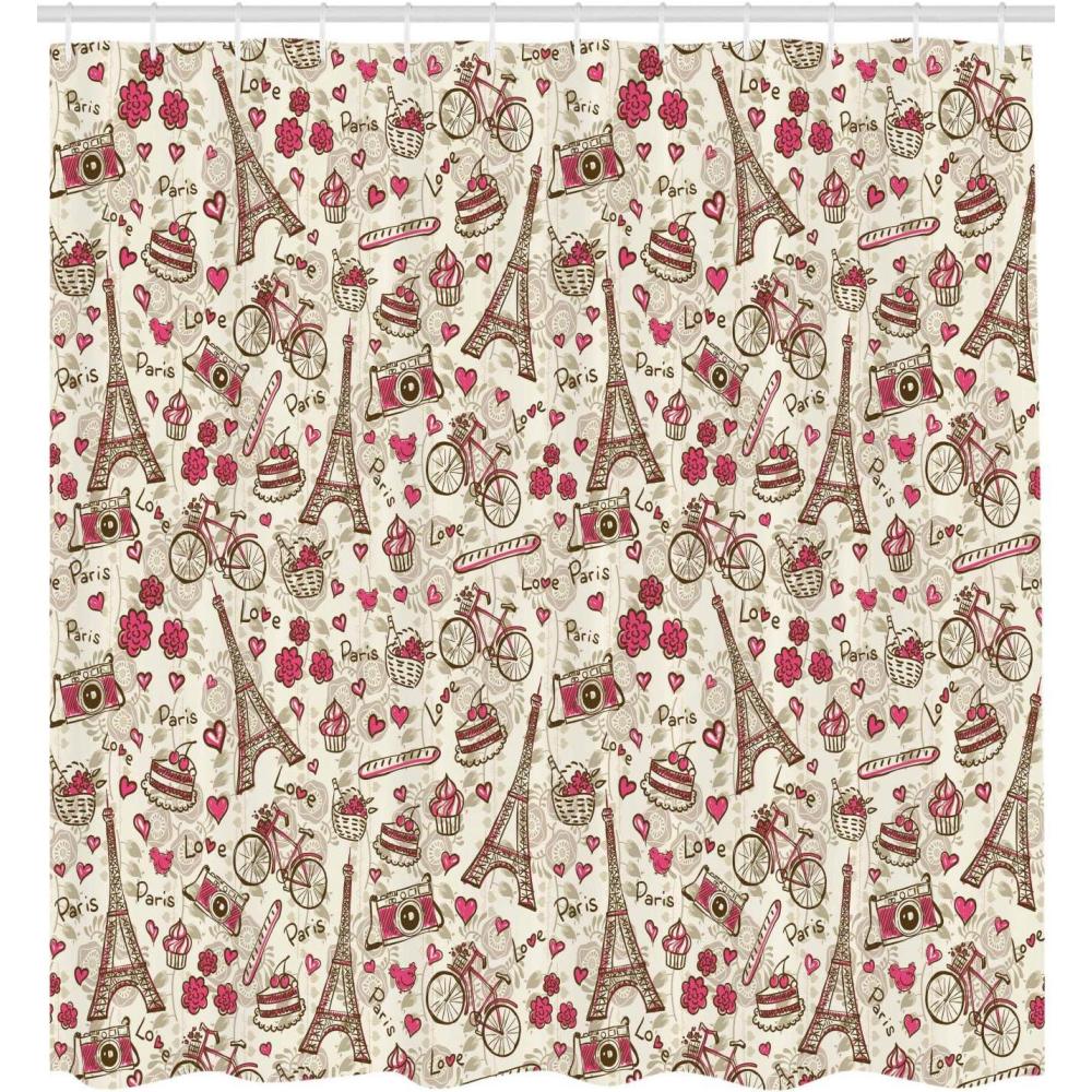 imageAmbesonne Romantic Shower Curtain Europe French Paris Themed Eiffel Tower Bakery Letterings Hearts Artwork Print Cloth Fabric Bathroom Decor Set with Hooks 105 Extra Wide Magenta Cream
