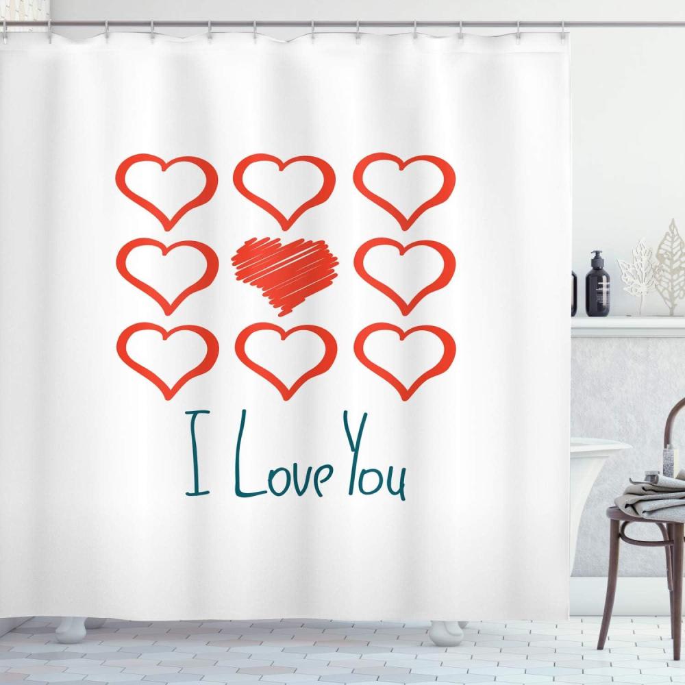 imageAmbesonne Romantic Shower Curtain Hand Drawn Style Red Hearts Set Scribble I Love You Lettering Cloth Fabric Bathroom Decor Set Hooks 69 W x 75 L Vermilion White