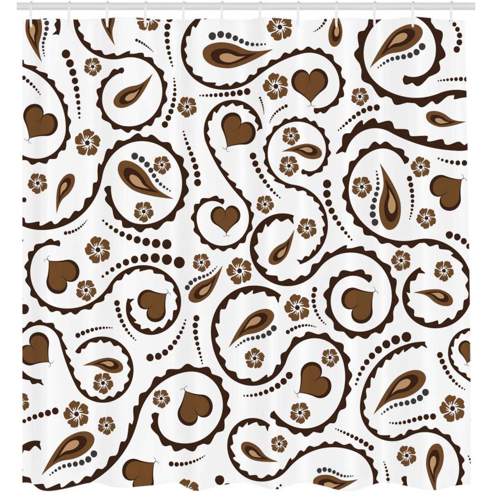 imageAmbesonne Romantic Shower Curtain Heart Swirls Dots Paisley Inspired Design Love Valentines Signs Asian Fabric Bathroom Decor Set with Hooks 105 inches Extra Wide Dark Brown and White