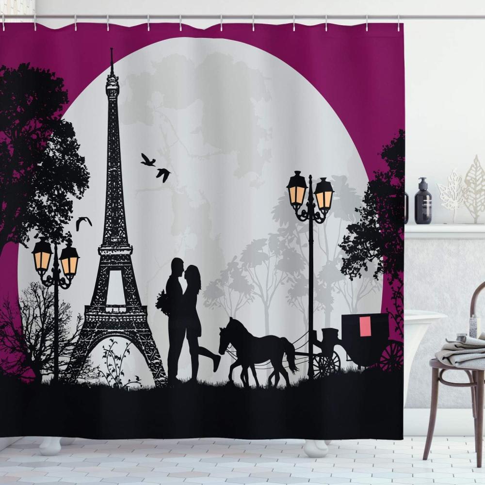 imageAmbesonne Romantic Shower Curtain Horse Carriage Couple Hugging in Front of The Eiffel Tower and Full Moon Cloth Fabric Bathroom Decor Set with Hooks 69 W x 84 L Fuchsia Grey Black