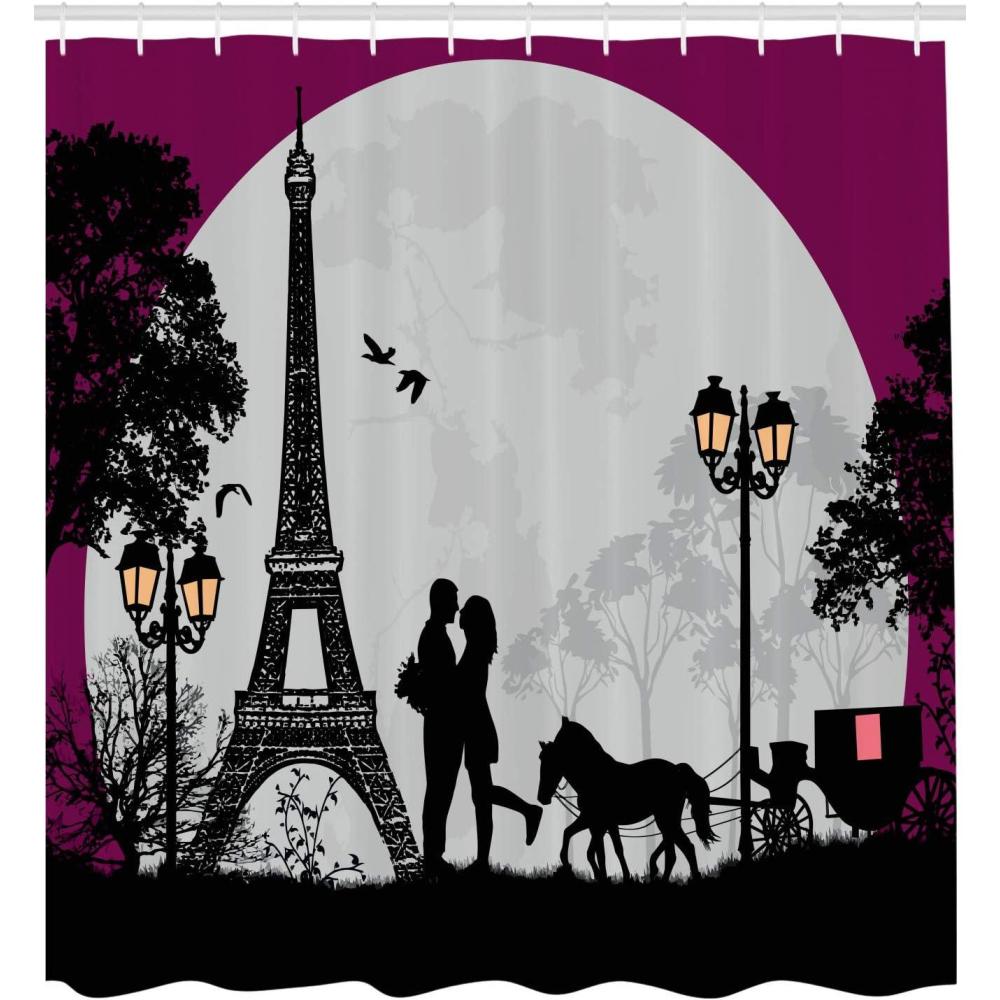 imageAmbesonne Romantic Shower Curtain Horse Carriage Couple Hugging in Front of The Eiffel Tower and Full Moon Fabric Bathroom Decor Set with Hooks 105 inches Extra Wide Fuchsia Grey Black