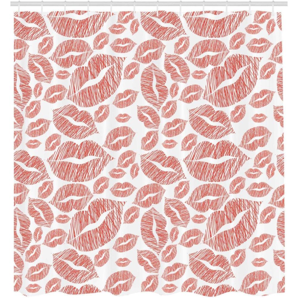imageAmbesonne Romantic Shower Curtain Hot Retro Lady Lipstick Marks Sexy Feminen Women Girls Artwork Image Print Fabric Bathroom Decor Set with Hooks 105 Inches Extra Wide Vermilion White