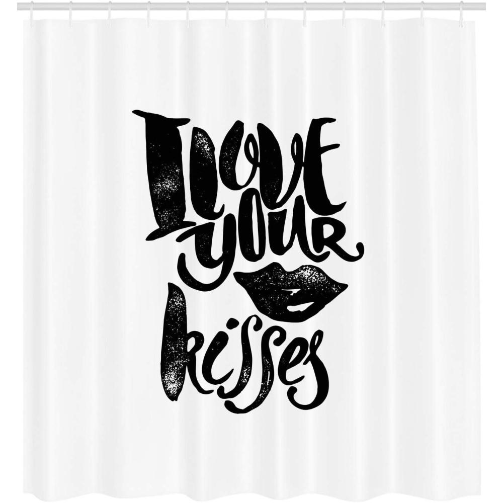 imageAmbesonne Romantic Shower Curtain I Love Your Kisses Grungy Looking Valentines Phrase with Woman Lipstick Mark Fabric Bathroom Decor Set with Hooks 105 inches Extra Wide Black White