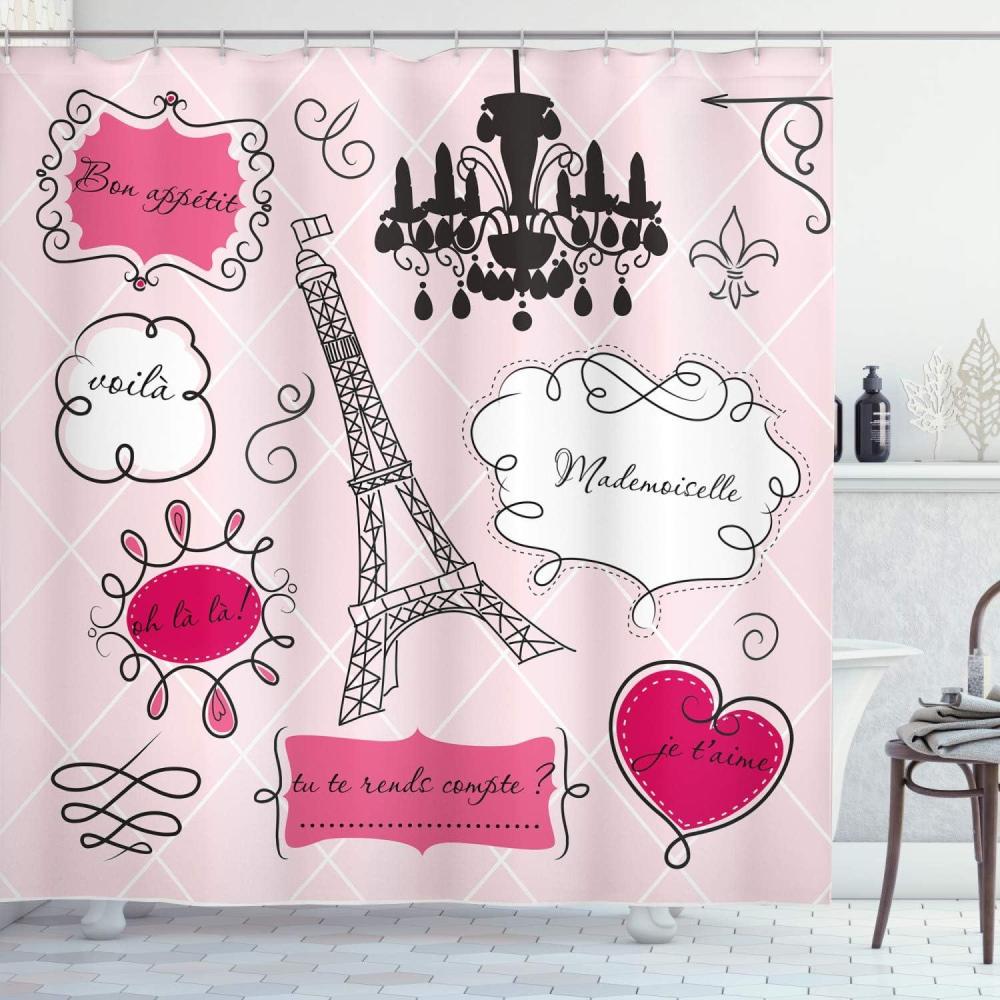 imageAmbesonne Romantic Shower Curtain Love Themed Frames in French Style Rococo Baroque Mademoiselle Eiffel Print Cloth Fabric Bathroom Decor Set with Hooks 69 W x 75 L Hot Pink Black