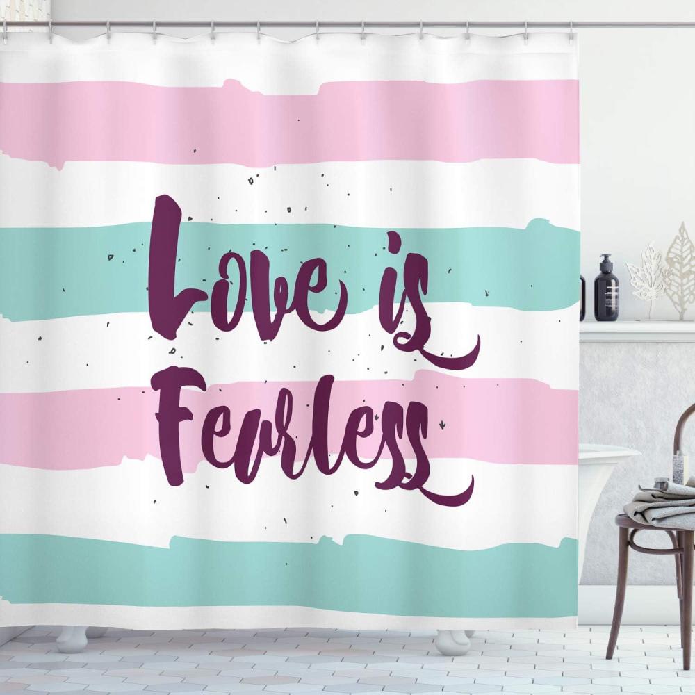 imageAmbesonne Romantic Shower Curtain Love is Fearless Inspirational Pale Colored Valentines Inscription Cloth Fabric Bathroom Decor Set with Hooks 69 W x 84 L Plum Pale Pink Mint Green